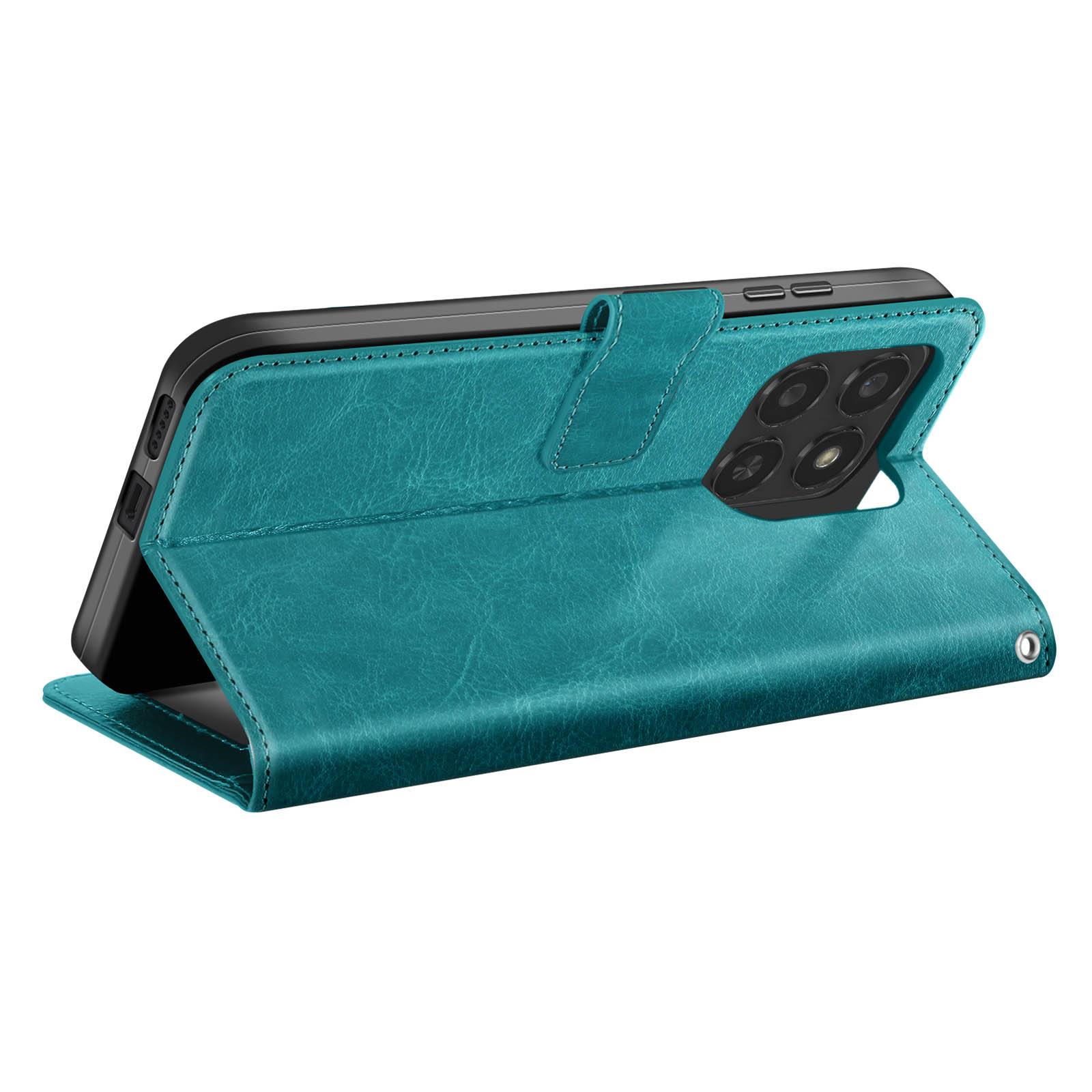 Un étui de téléphone bleu-vert avec un téléphone à l'intérieur. L'étui est ouvert, montrant les caméras arrière du téléphone et la texture du cuir.