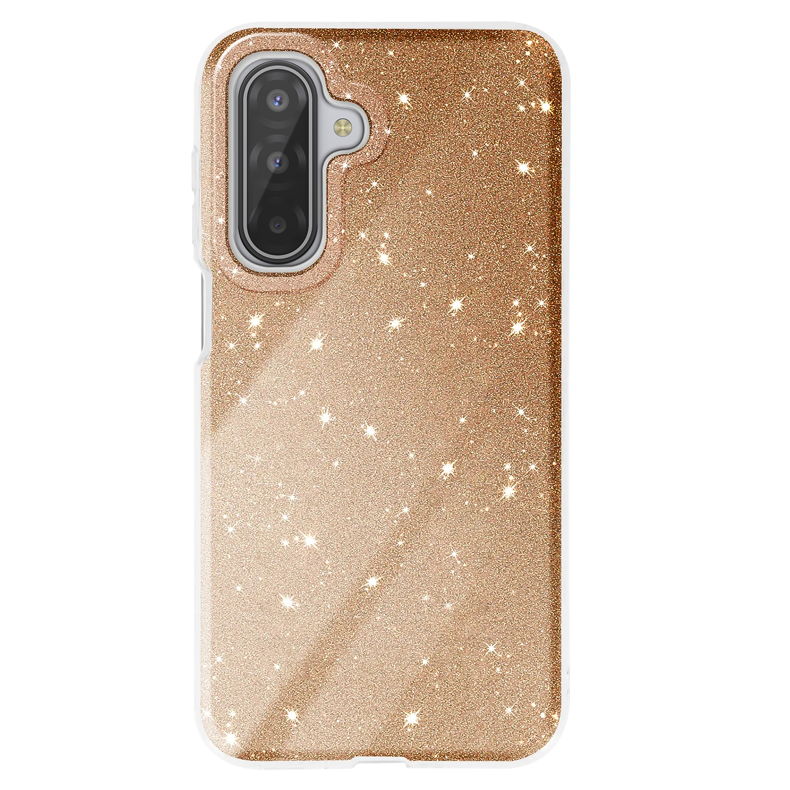 Une coque de téléphone dorée scintillante avec des découpes pour l'appareil photo, des paillettes et une bordure blanche. Le fond est blanc.