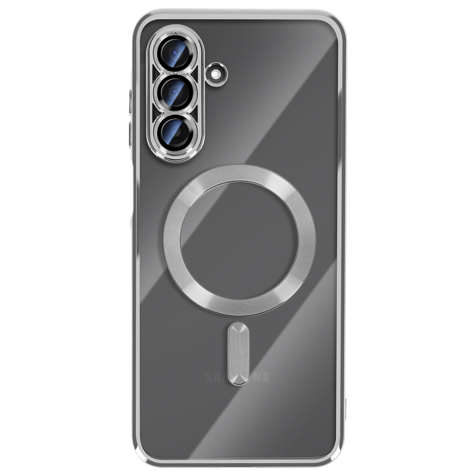 Transparante telefoonhoes met zilveren accenten. Het heeft een uitsparing voor de camera en een magnetische ring aan de achterkant. Samsung-logo zichtbaar.