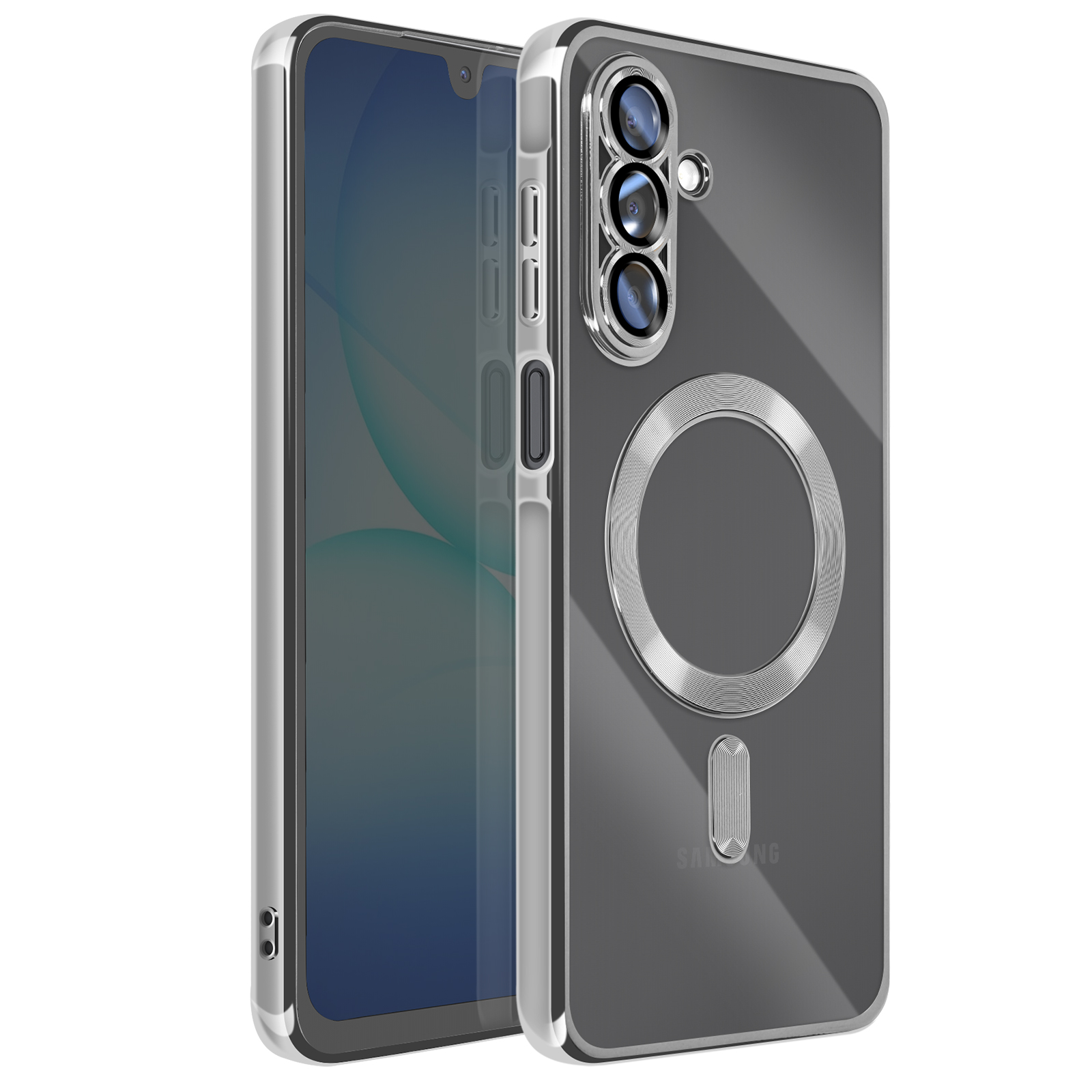 Transparante telefoonhoes. De achterkant heeft een magnetische ring. De telefoon zit in de hoes. De hoes heeft een zilveren rand.
