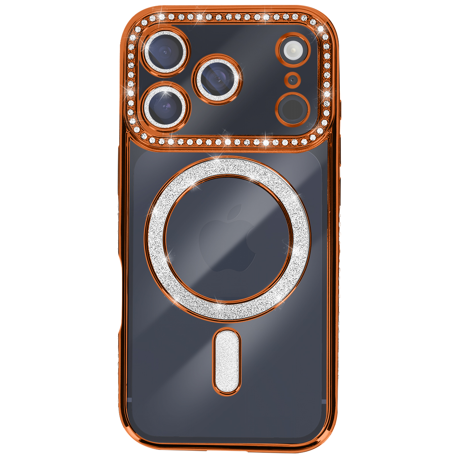 Une coque de téléphone avec un cadre orange métallique, un dos transparent, des accents de paillettes argentées et une bordure cloutée de diamants.