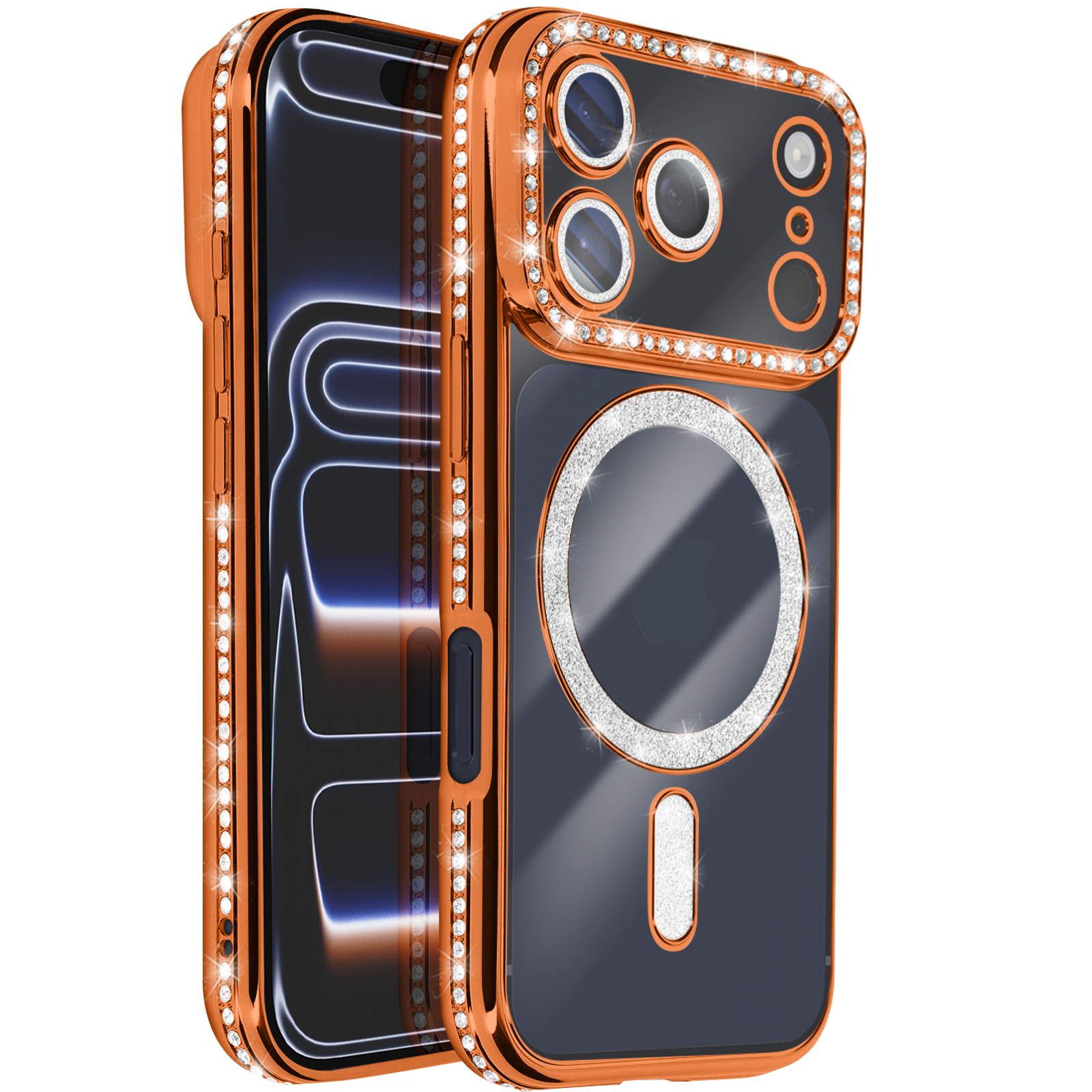 Une coque de téléphone orange avec des strass et un téléphone noir à l'intérieur. La coque comporte des découpes pour l'appareil photo et un design circulaire.