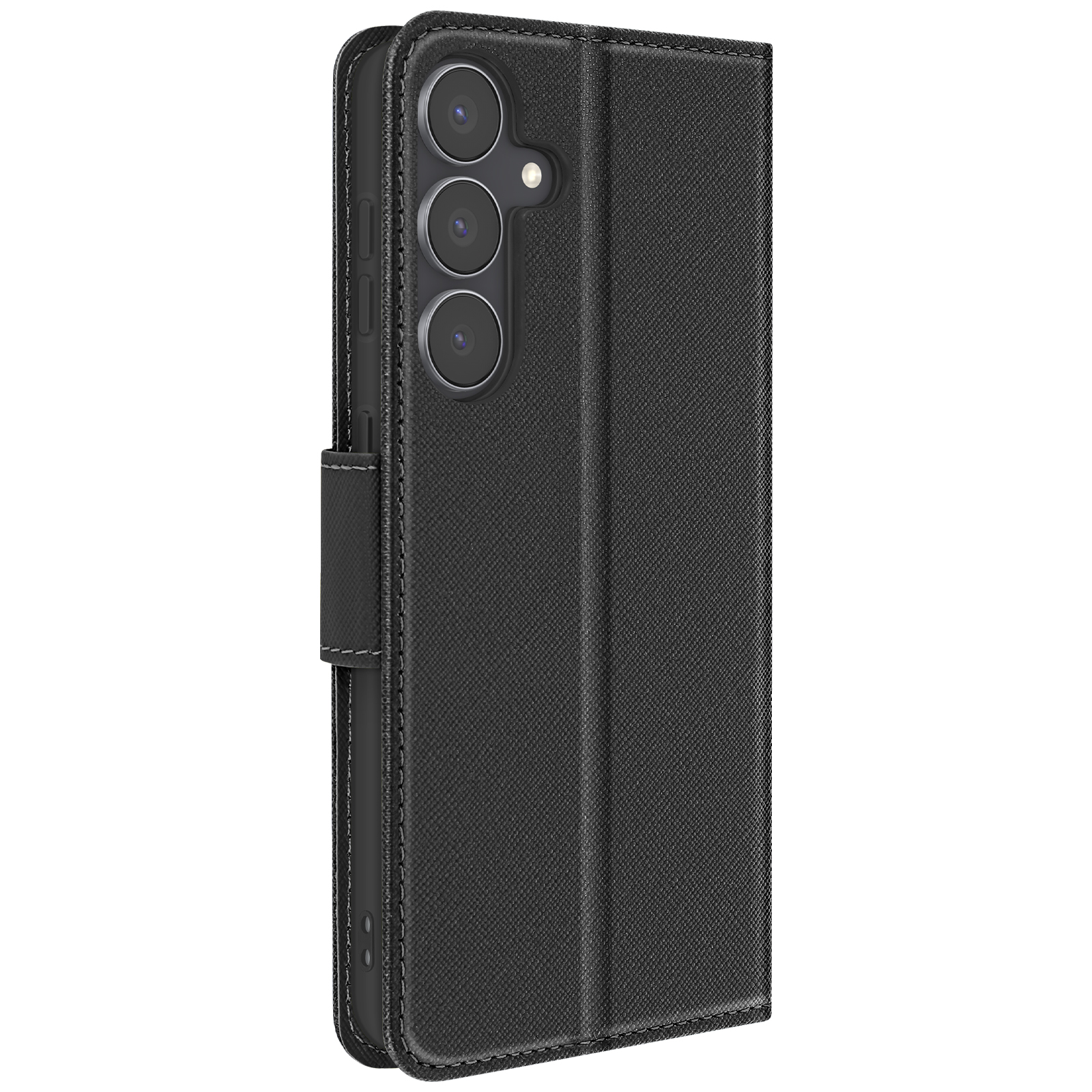 Custodia nera per telefono con fori per la fotocamera. La custodia è chiusa, mostrando l'esterno strutturato.
