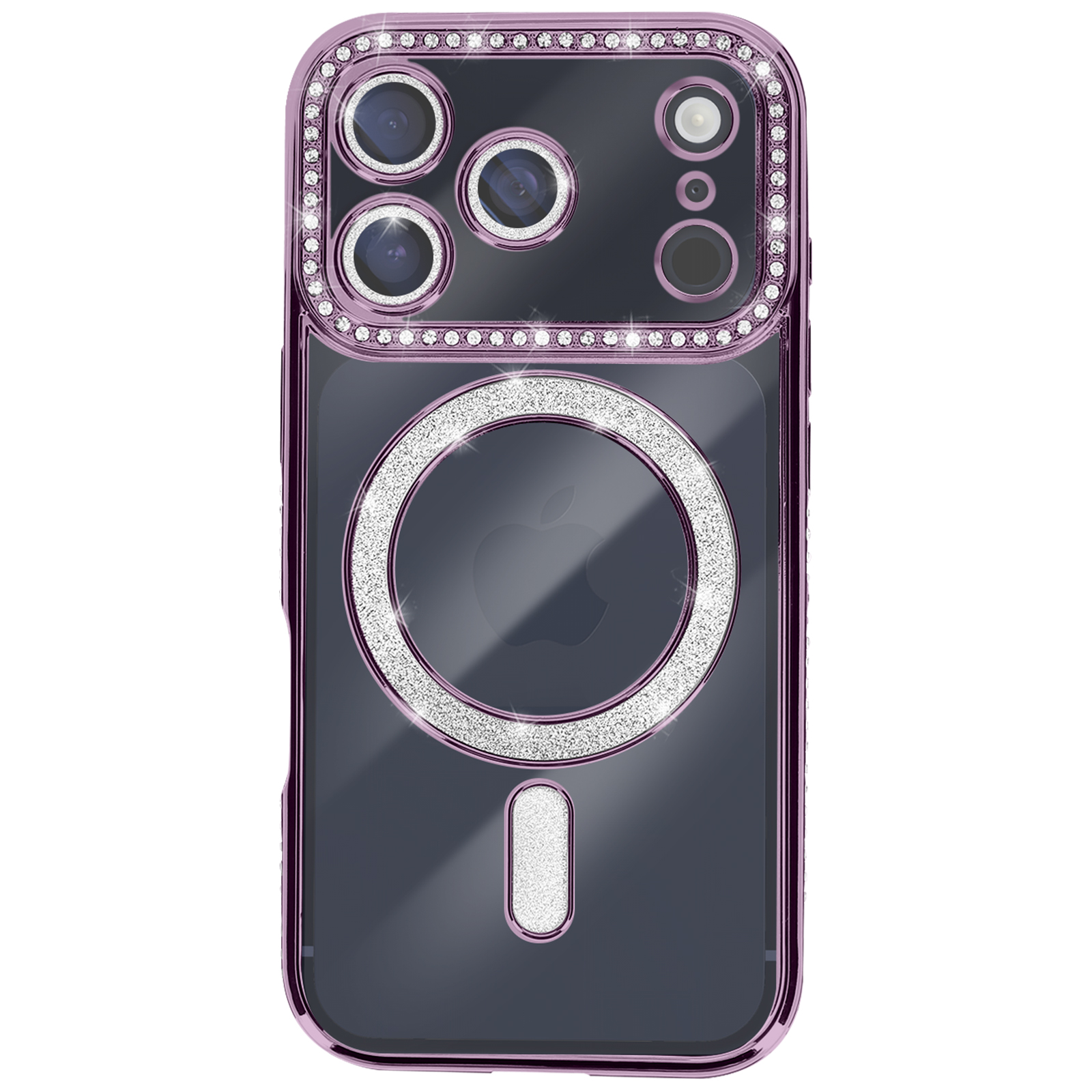 Coque de téléphone transparente avec un cadre rose, des accents pailletés et un logo Apple argenté. La coque a quatre découpes pour l'appareil photo.