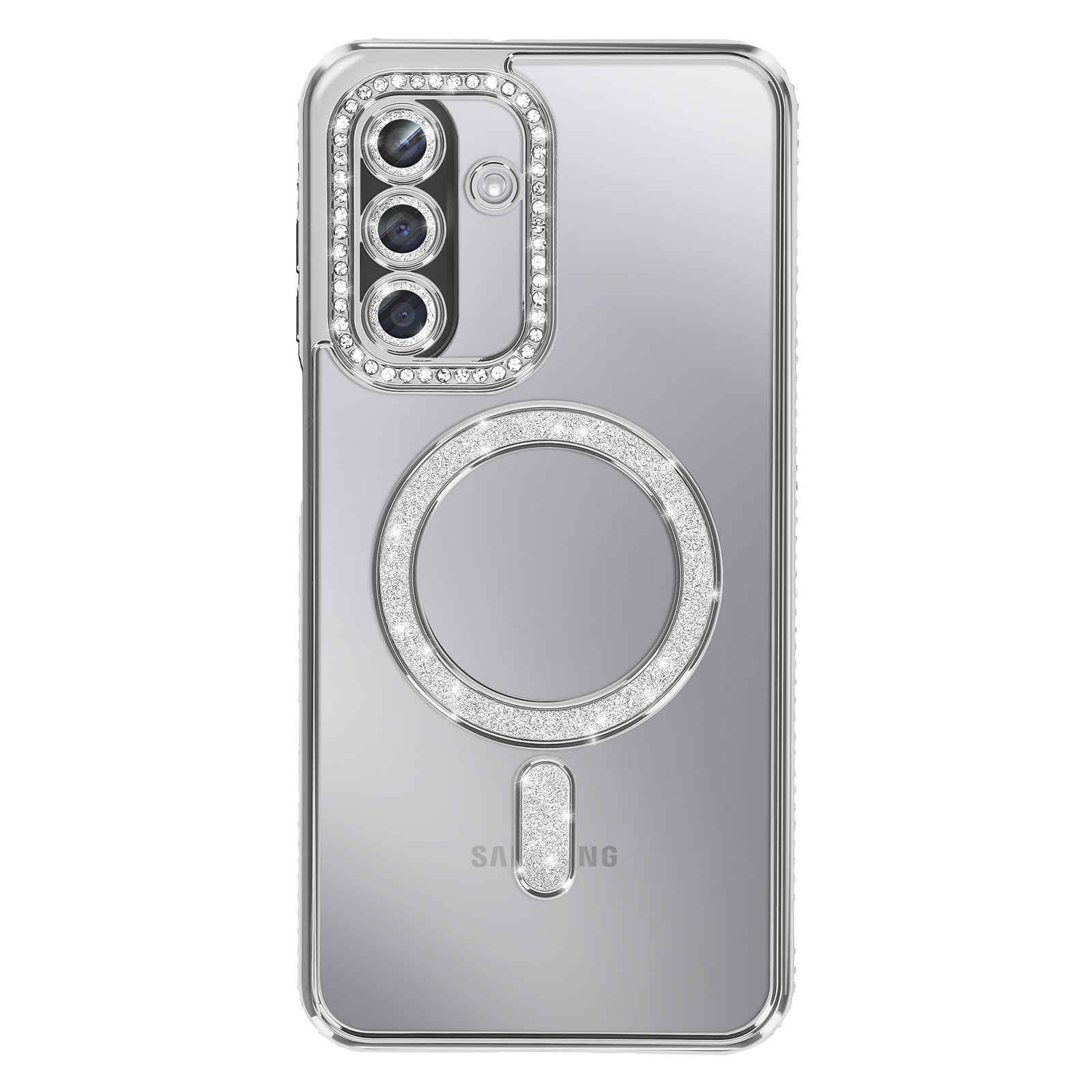 Coque de téléphone transparente avec des accents scintillants autour de l'appareil photo, d'un anneau et d'une zone de charge, sur fond gris.
