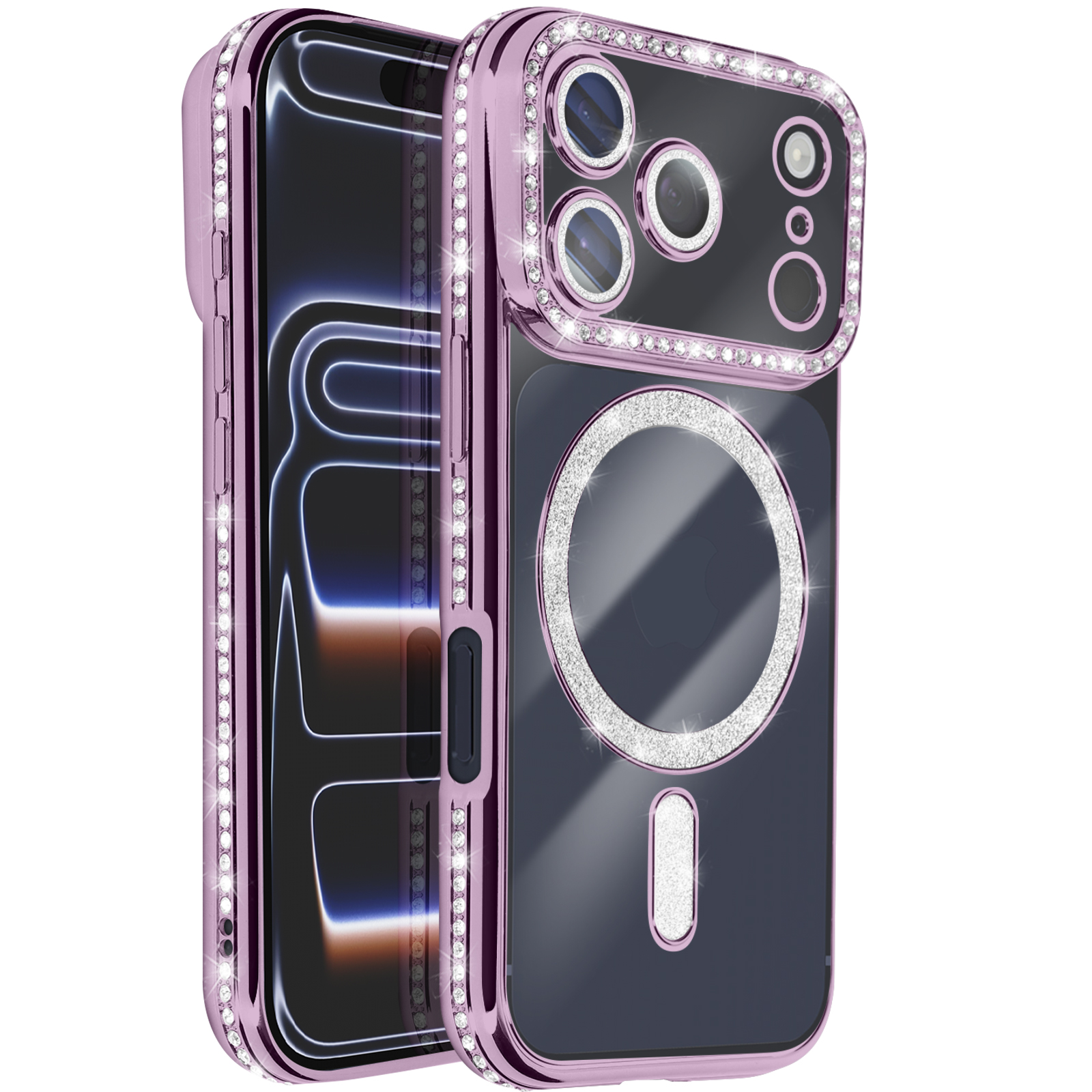 Une coque de téléphone rose avec des strass. Elle a un dos transparent avec un cercle argenté et un long rectangle vertical.