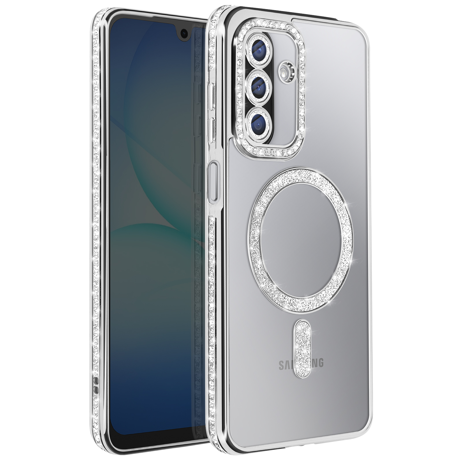 Un téléphone dans un étui transparent avec des strass incrustés. L'étui couvre l'arrière et les côtés.
