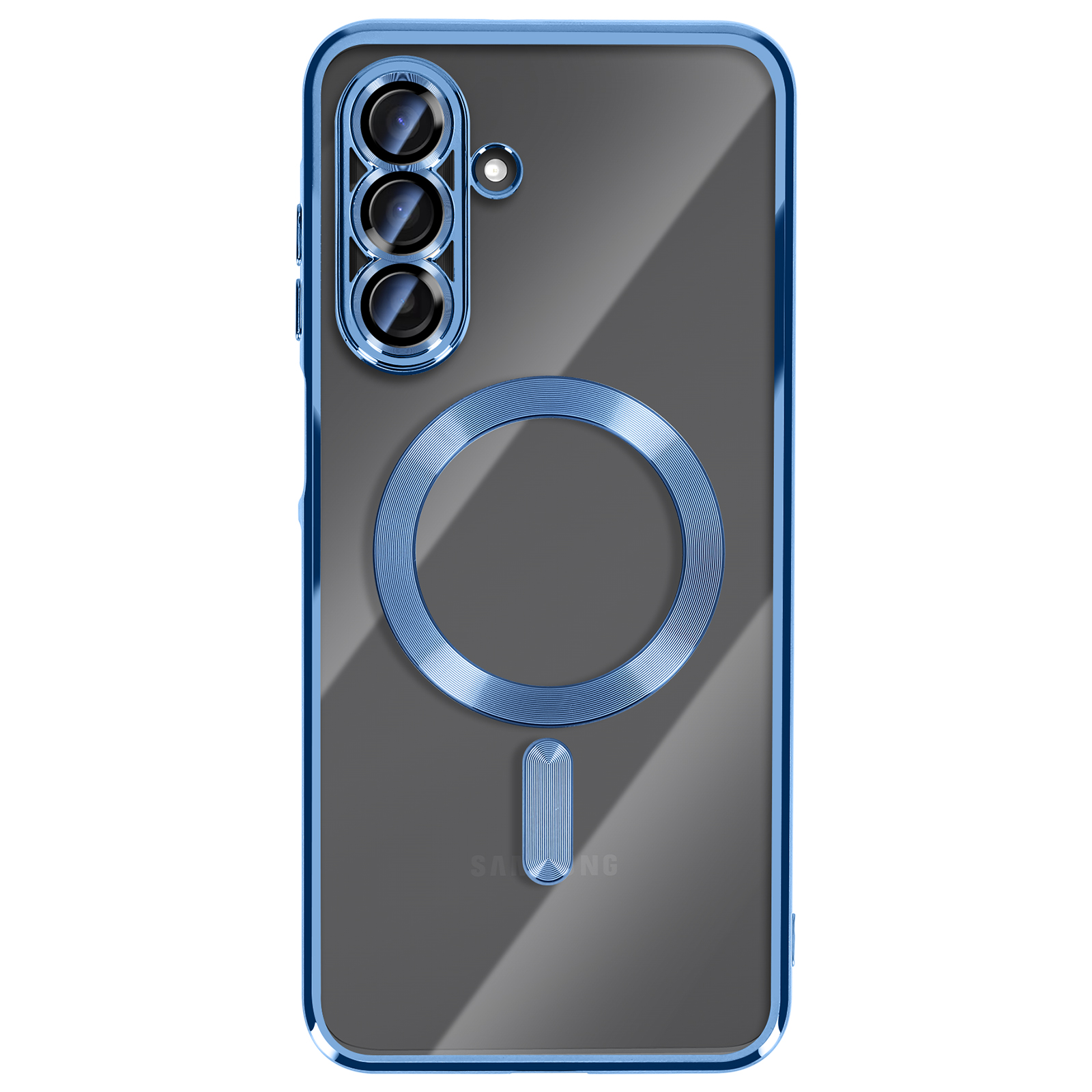 Een transparante telefoonhoes met blauwe accenten. Voorzien van een camera-uitsparing, een cirkelvormige ring en een balk.