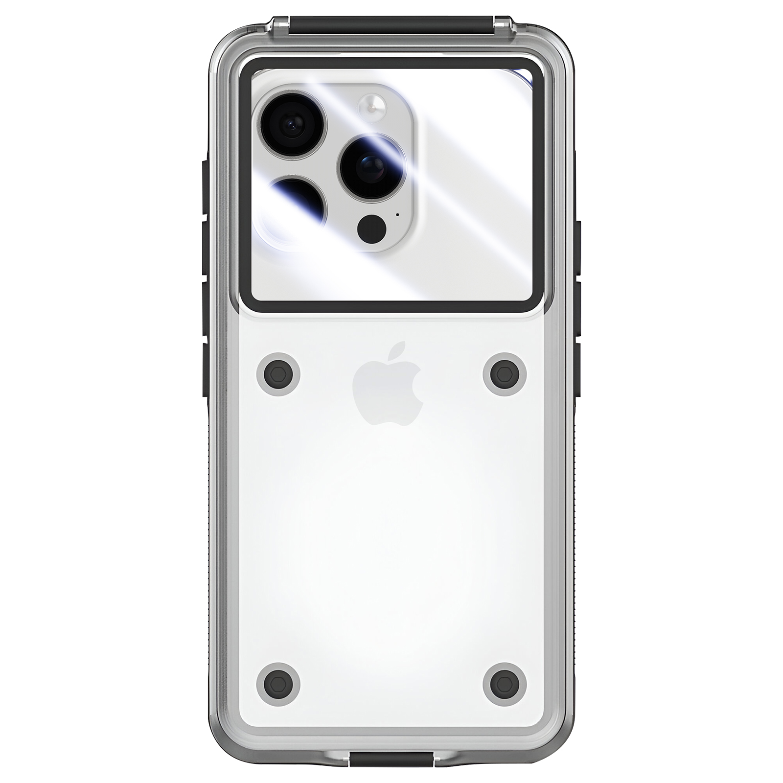 Eine transparente iPhone-Hülle. Sie hat einen silbernen Rahmen, schwarze Akzente und vier schwarze Punkte. Das Apple-Logo ist sichtbar.