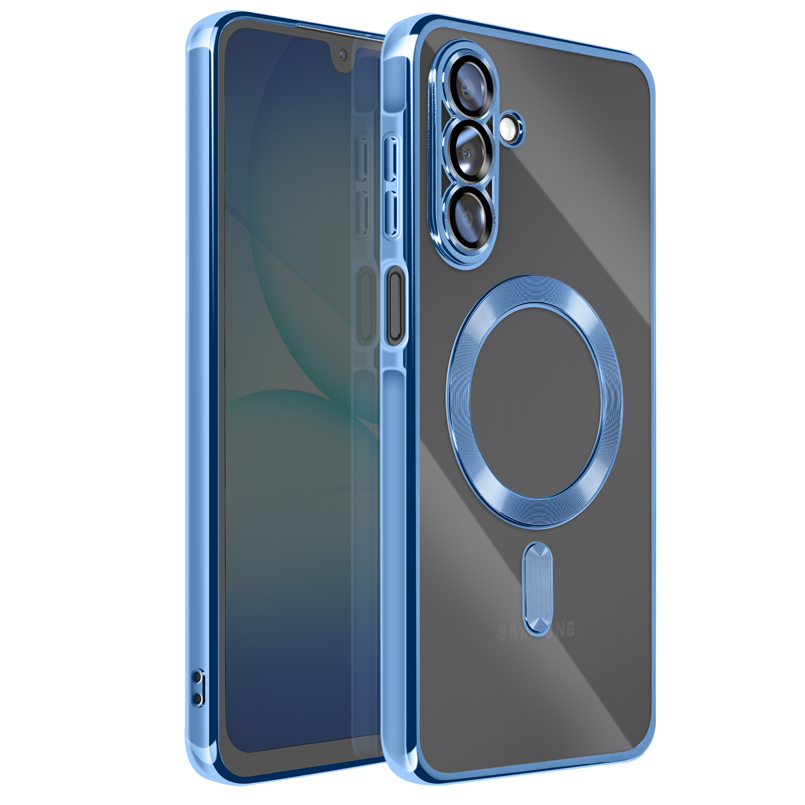 Blauwe telefoonhoes met een doorzichtige achterkant, toont de telefoon. Voorzien van camera-uitsparingen en een ring.