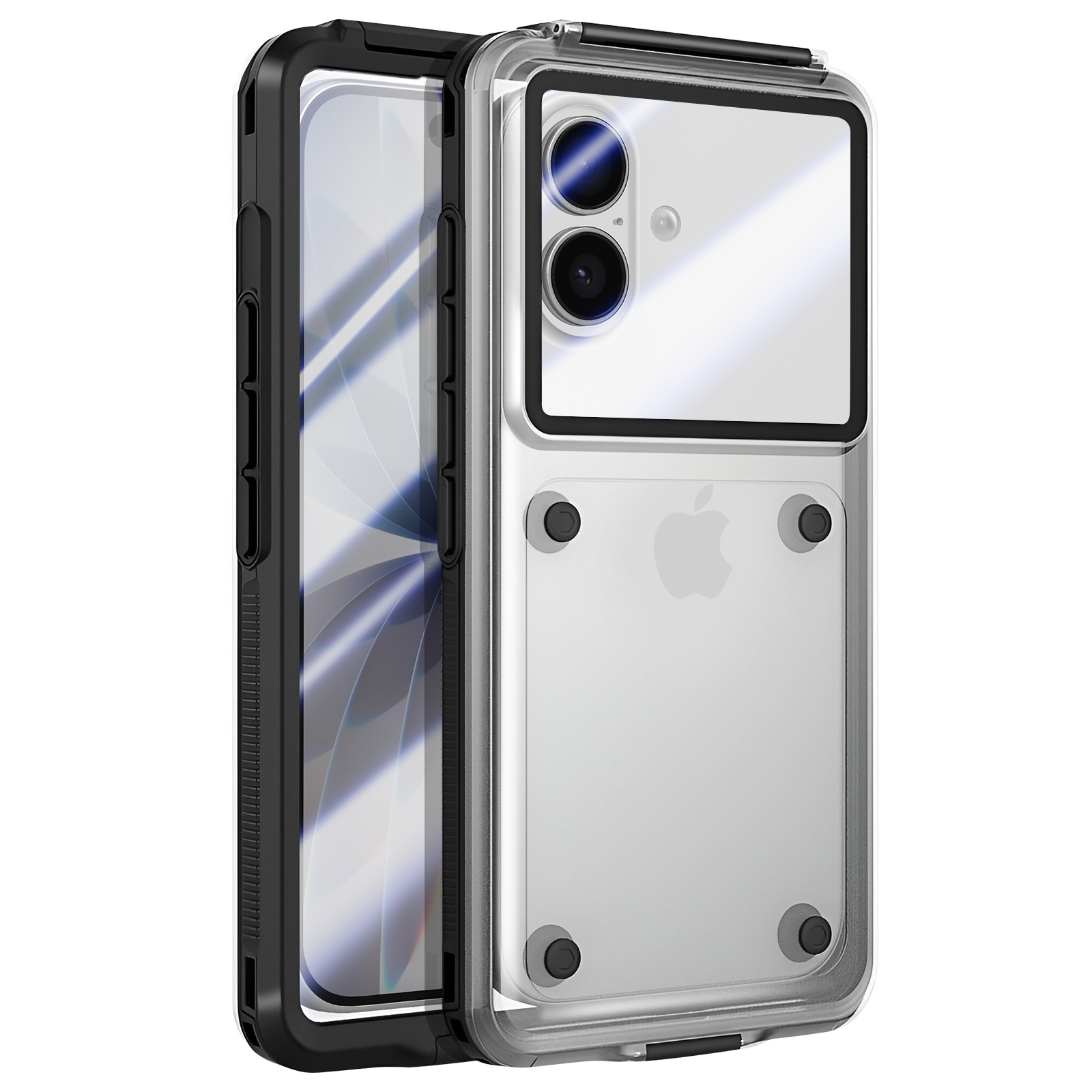 Eine transparente Handyhülle mit schwarzem Rahmen. Die Hülle hat zwei Kameras und ein Apple-Logo. Der Telefonbildschirm ist sichtbar.