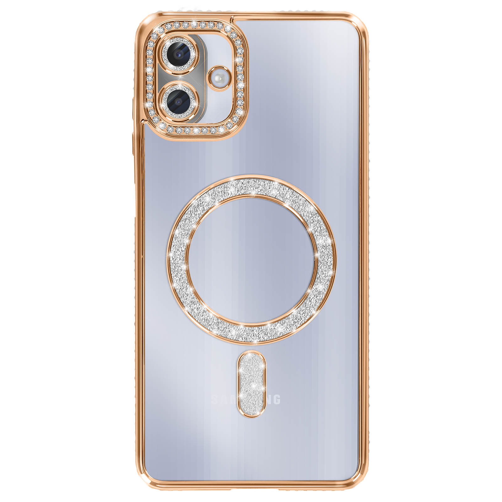 Una custodia per telefono, bordo dorato, retro trasparente, con diamanti attorno alla fotocamera, all'anello centrale e al rettangolo inferiore.