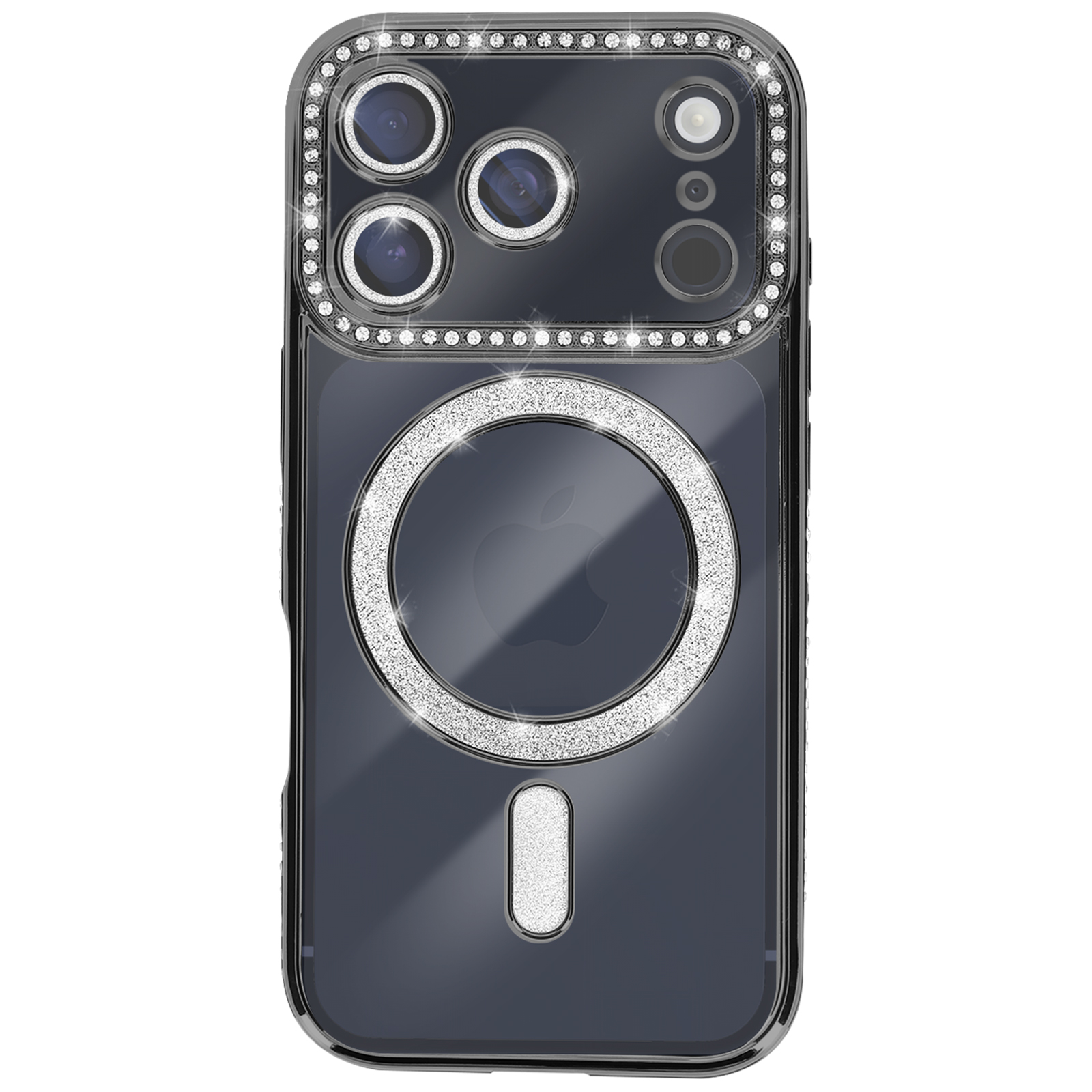 Une coque de téléphone avec une découpe pour l'appareil photo, décorée de strass. Elle a un cercle et une barre avec des strass.