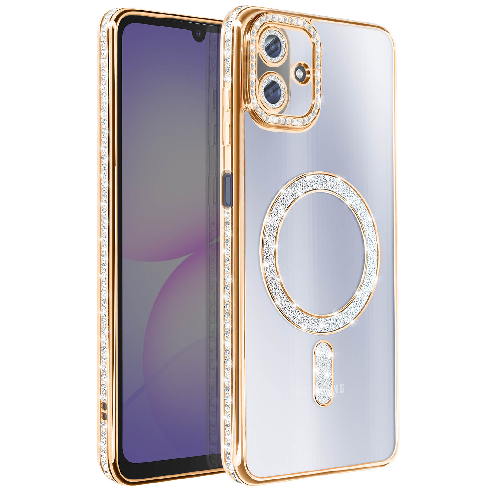 Un telefono in una custodia dorata. Ha un anello di strass sul retro e strass sul lato.
