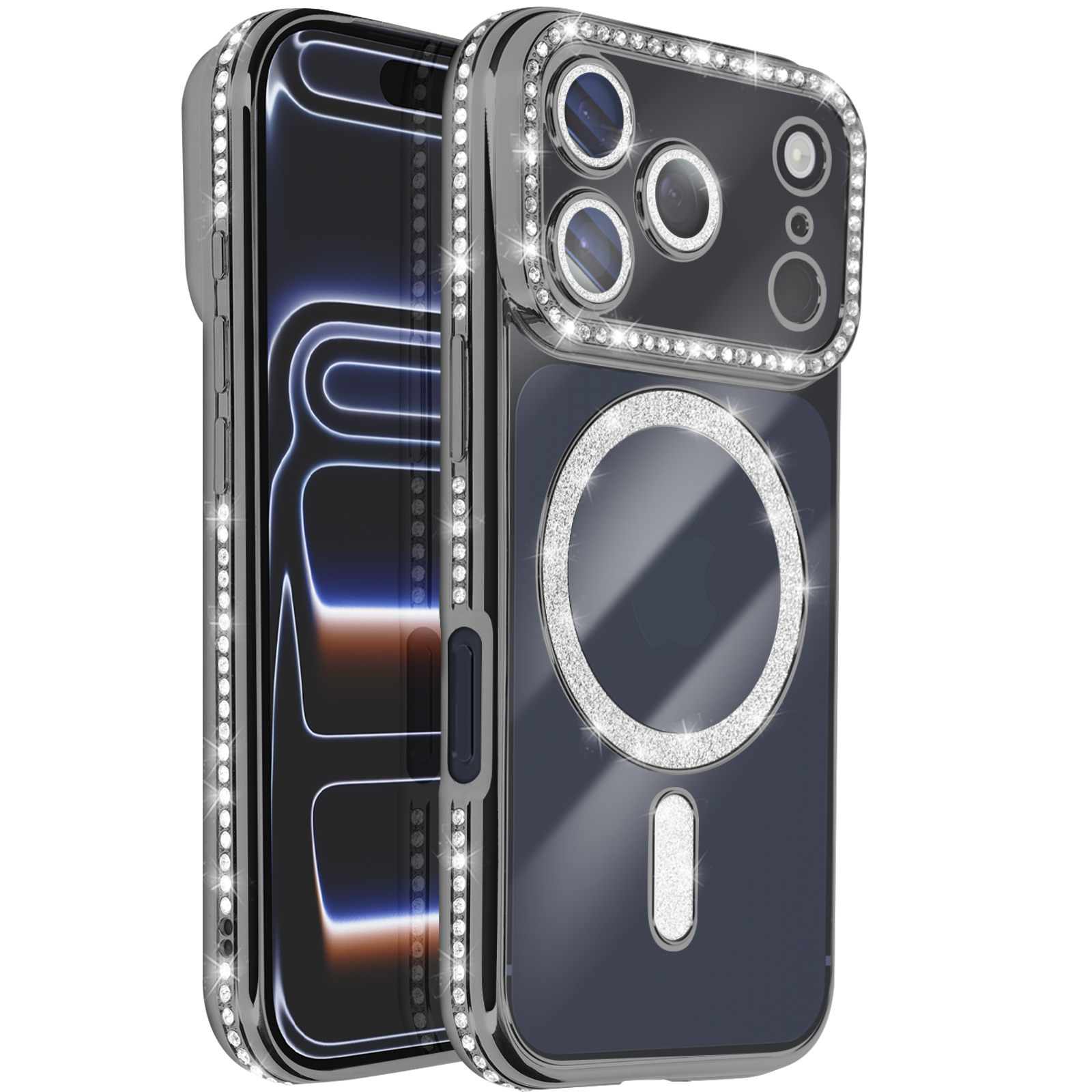 Un étui de téléphone avec des strass. L'étui est argenté, avec un intérieur bleu foncé. Il a un cercle et un long rectangle de strass.