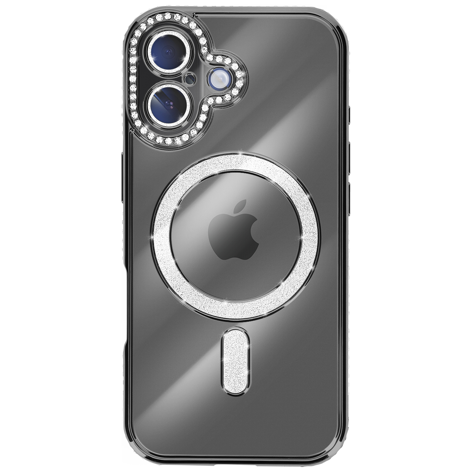 Une coque transparente pour iPhone avec un dos gris foncé. Elle a un anneau de strass autour de la caméra et un anneau blanc.