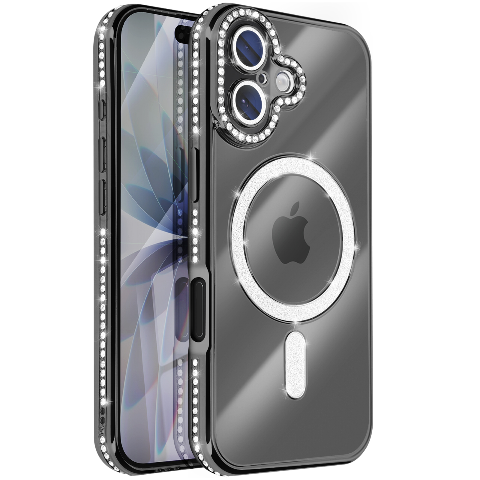 Une coque de téléphone transparente avec des strass. La coque est sur un téléphone, avec le logo Apple visible.