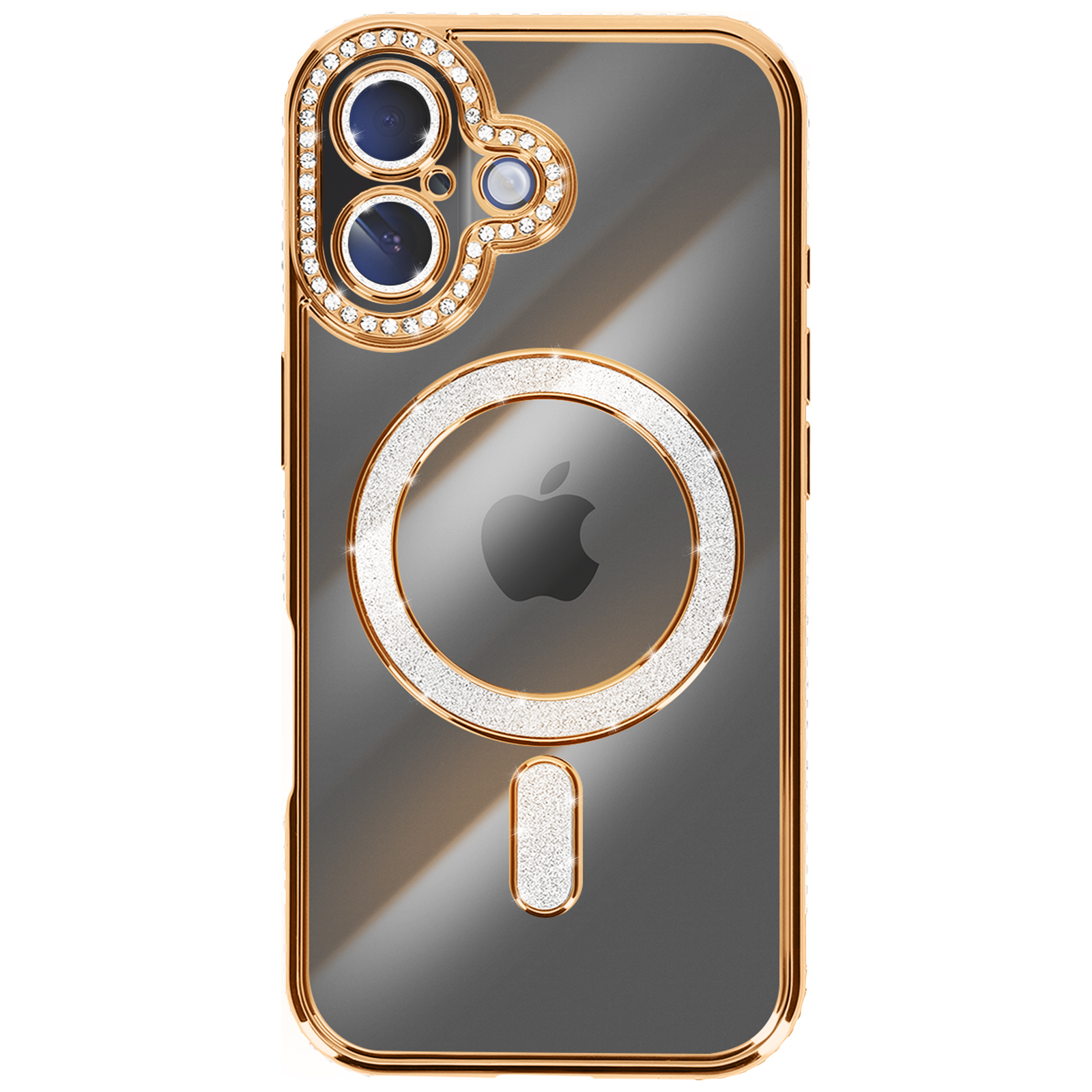Un étui de téléphone doré avec des pierres précieuses scintillantes autour de l'appareil photo et un cercle de pierres blanches avec le logo Apple.