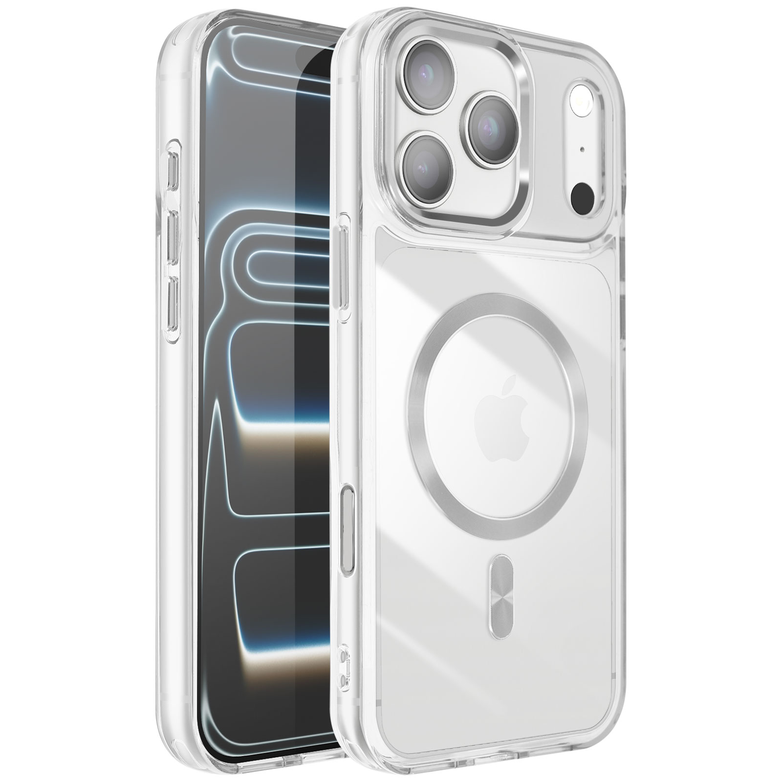 Coque iPhone transparente avec téléphone. La coque a une découpe caméra, cercle MagSafe et logo Apple.
