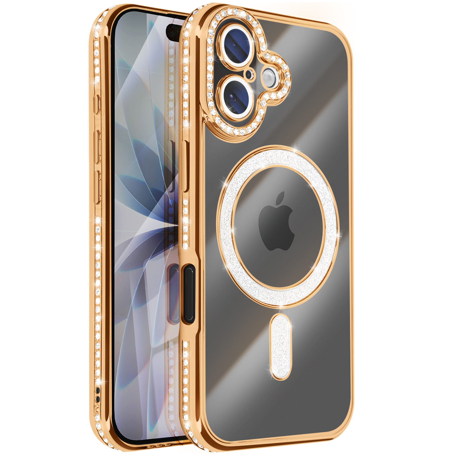 Une coque dorée pour iPhone avec cristaux incrustés. L'étui a un dos transparent avec le logo Apple et un cercle décoratif.