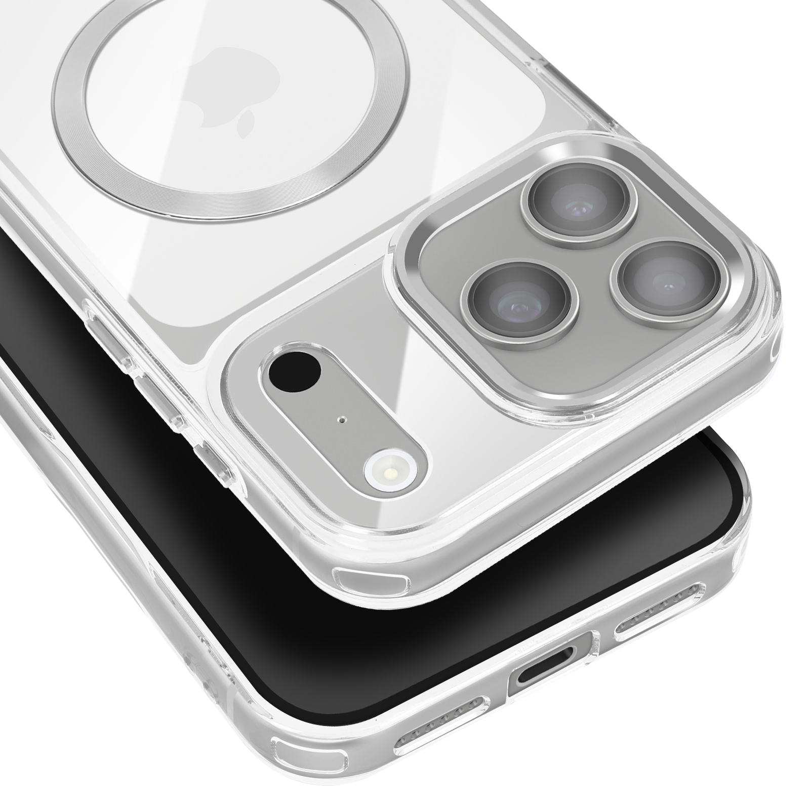 Coque de téléphone transparente sur un téléphone noir. La coque a une découpe pour l'appareil photo avec trois lentilles et un anneau magnétique.