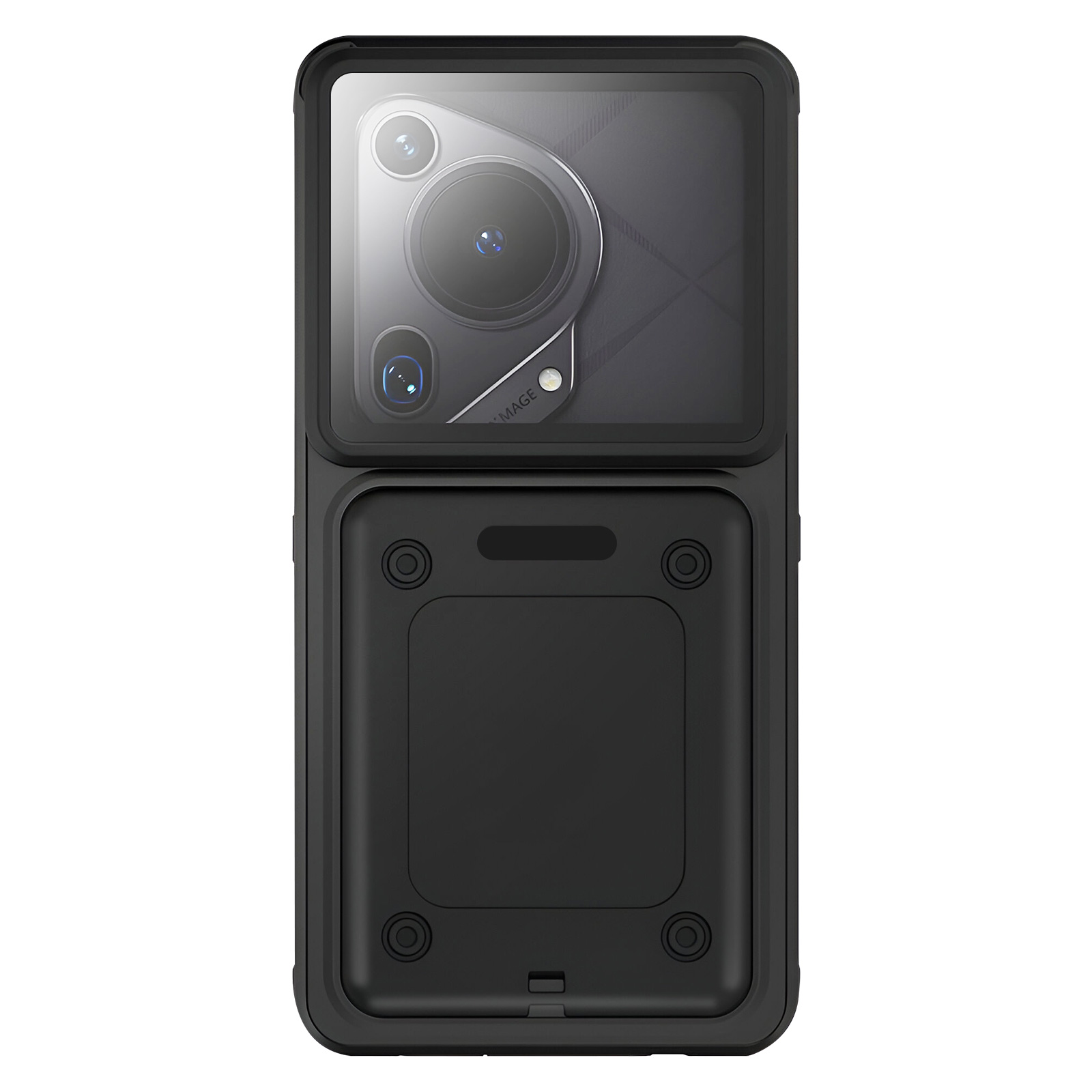 Custodia nera per smartphone con obiettivi della fotocamera e scomparto inferiore. Ha una finitura opaca e un design elegante.