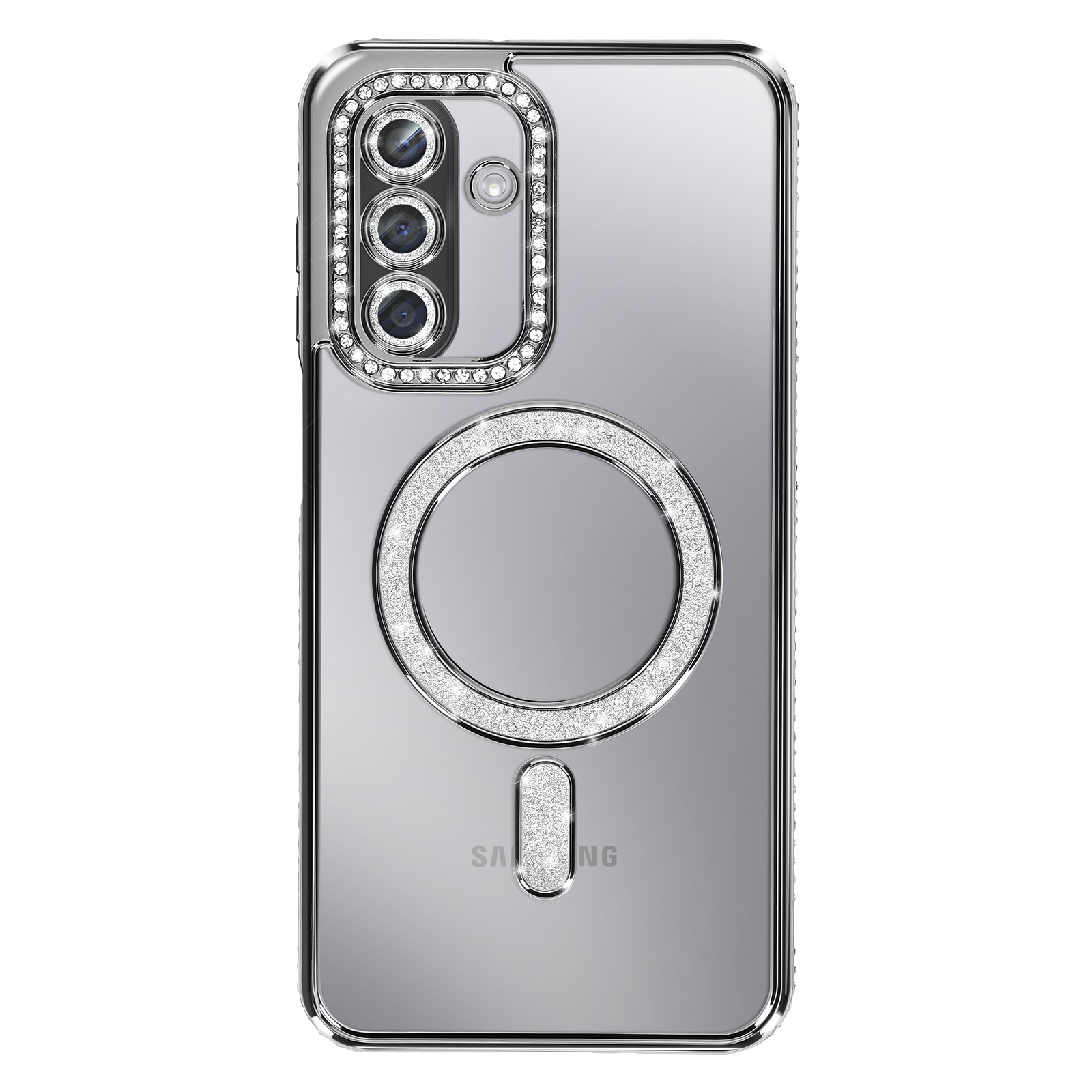 Une coque de téléphone transparente avec un dos argenté. Il possède un cercle et un cadre de caméra décorés de strass.