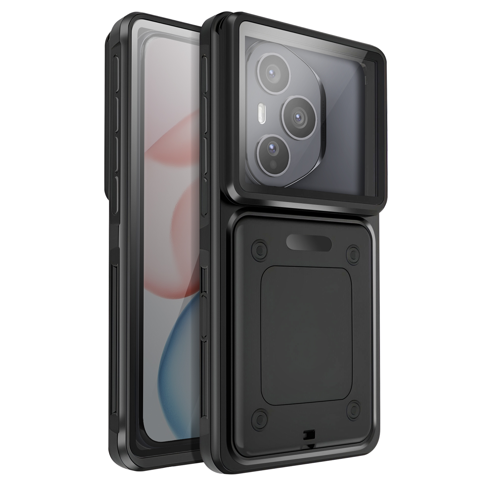 Custodia nera per telefono con sezione fotocamera trasparente. Lo schermo mostra un'immagine sfocata. La custodia è dettagliata e protettiva.