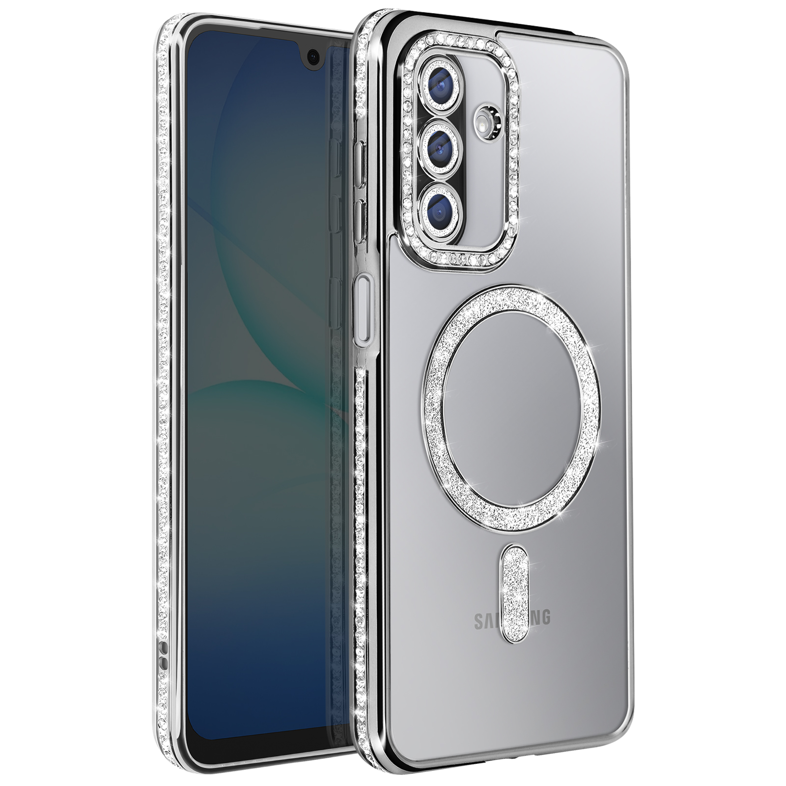 Une coque de téléphone transparente avec un cadre argenté et des strass scintillants sur les bords, l'appareil photo et le cercle.