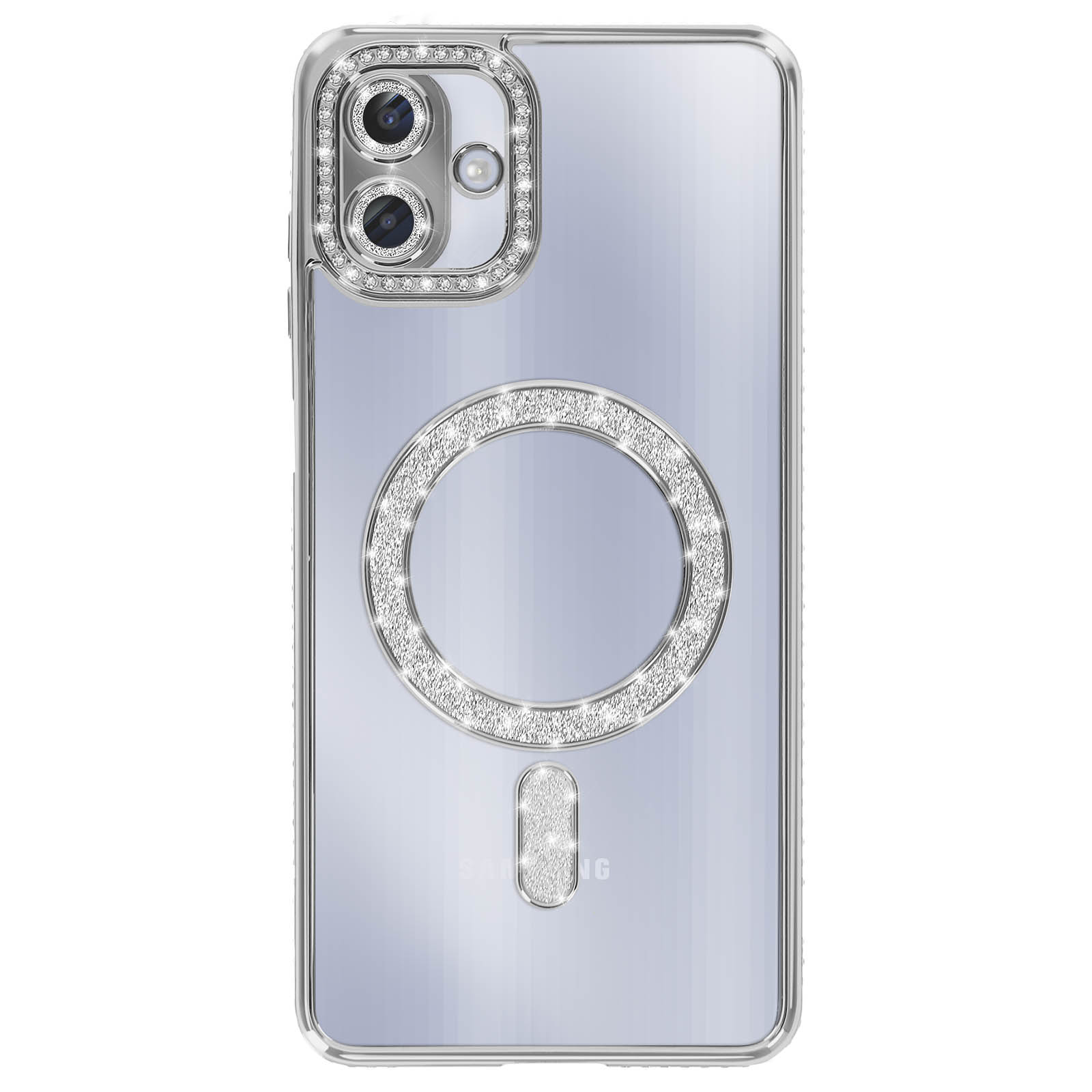 Custodia trasparente per telefono con gemme scintillanti attorno a fotocamera, cerchio e base. Sfondo azzurro.