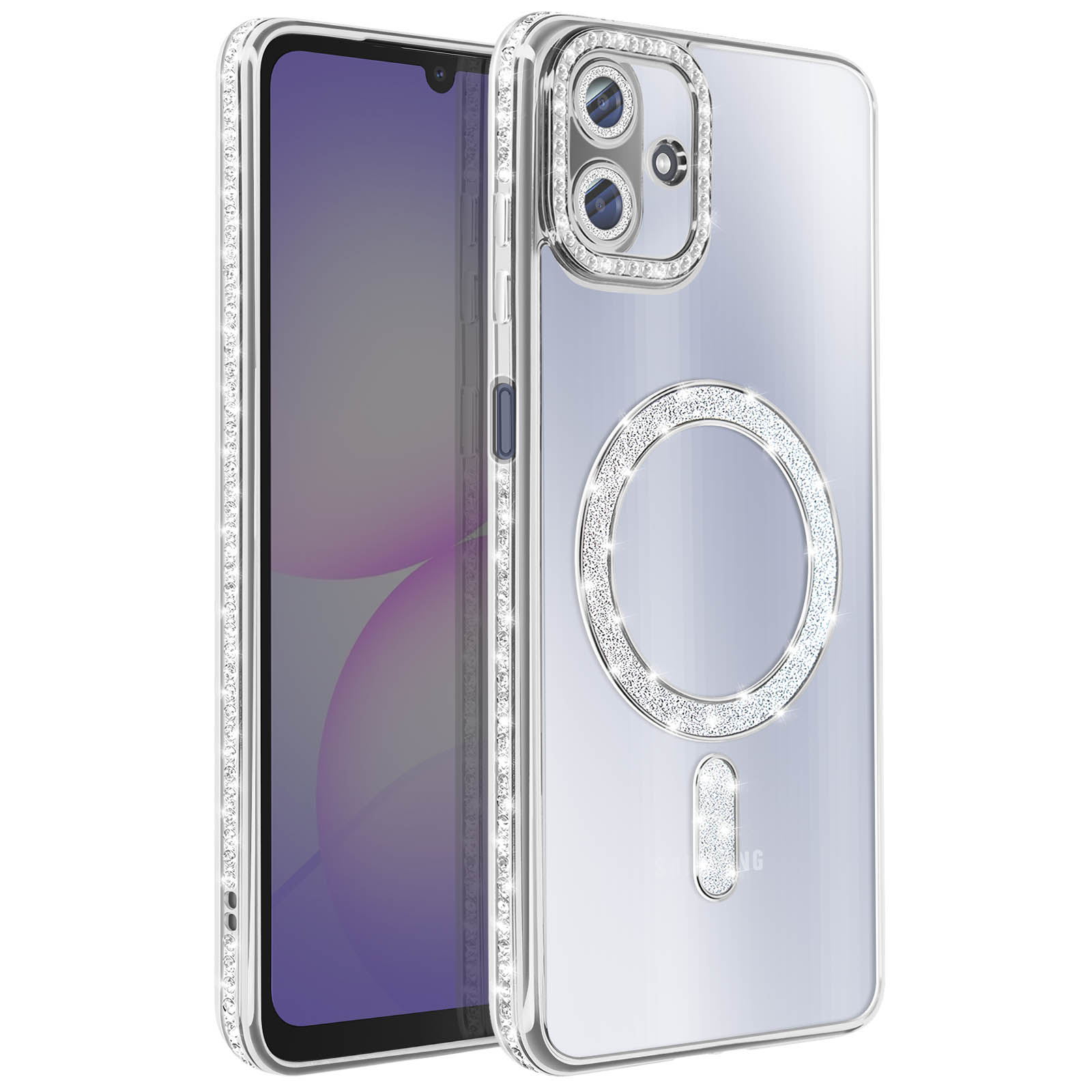 Una custodia trasparente per telefono con bordo diamantato, un anello di diamanti e un rettangolo di diamanti. C'è un telefono dentro.