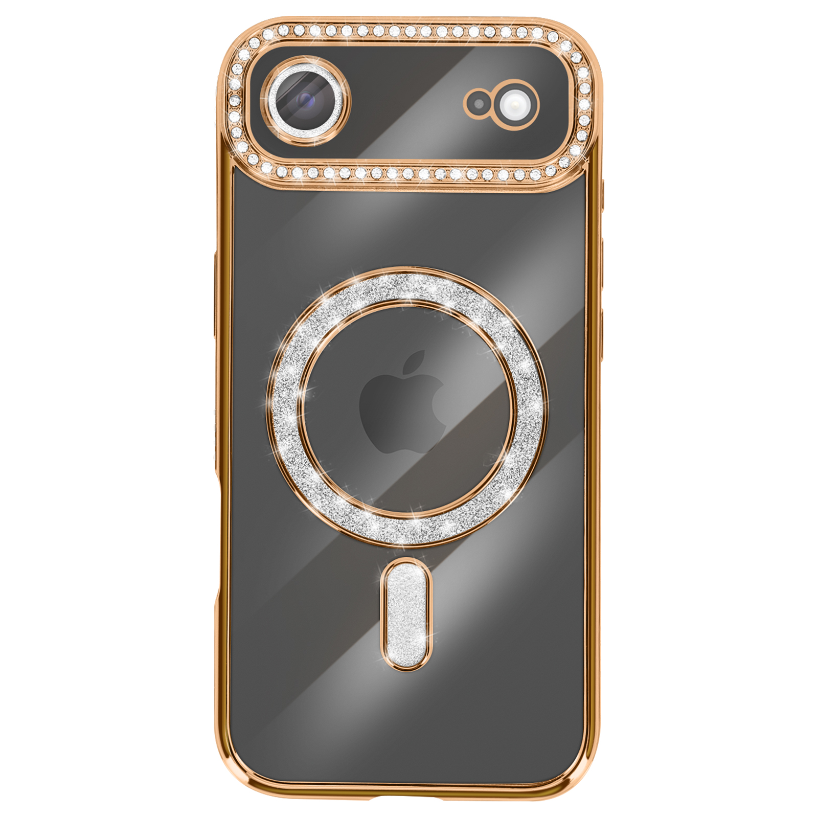 Une coque de téléphone avec un cadre doré et des diamants autour de la caméra et du logo Apple. La coque est noire et brillante.