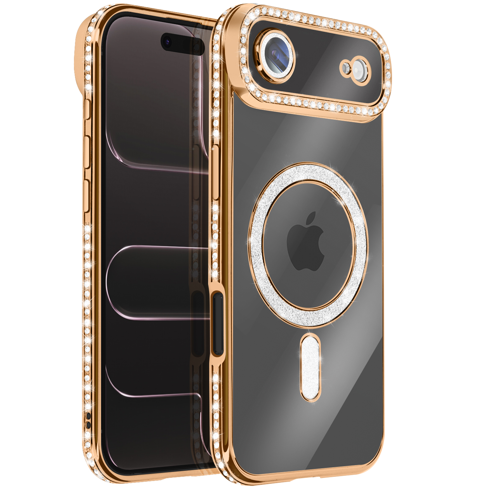 Coque dorée pour iPhone avec écran noir et dos transparent avec un anneau en diamant autour du logo Apple.