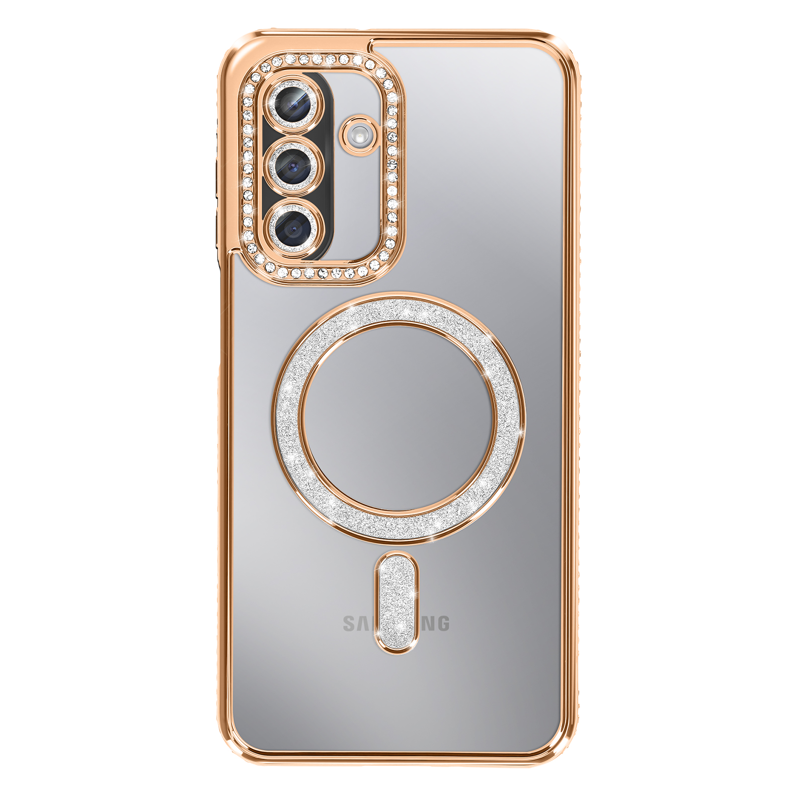Une coque de téléphone avec un cadre doré et des cristaux autour de la caméra et un anneau. Samsung est écrit dessus.