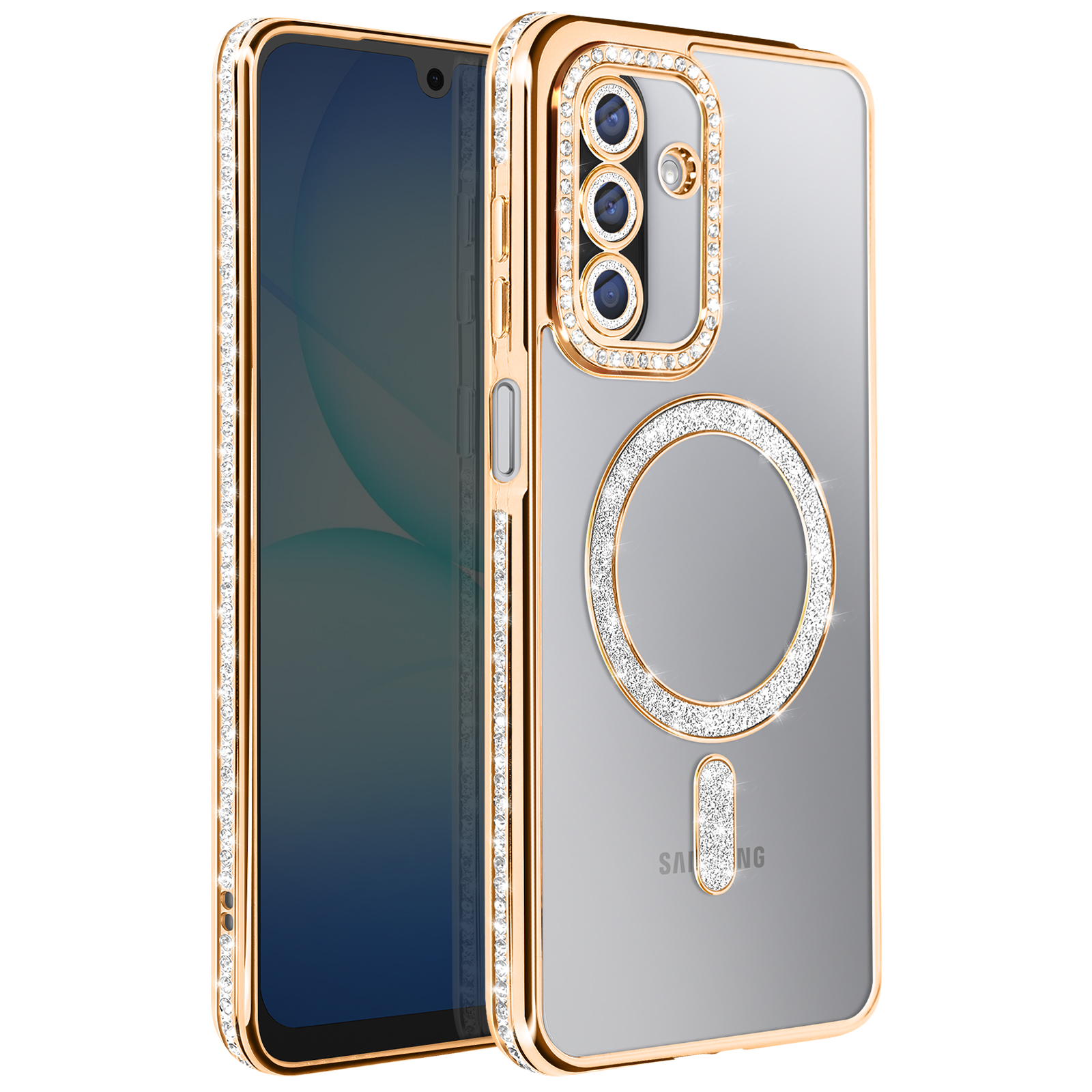Un étui de téléphone avec une bordure dorée, des strass et un dos transparent. Il possède trois objectifs et un design circulaire.