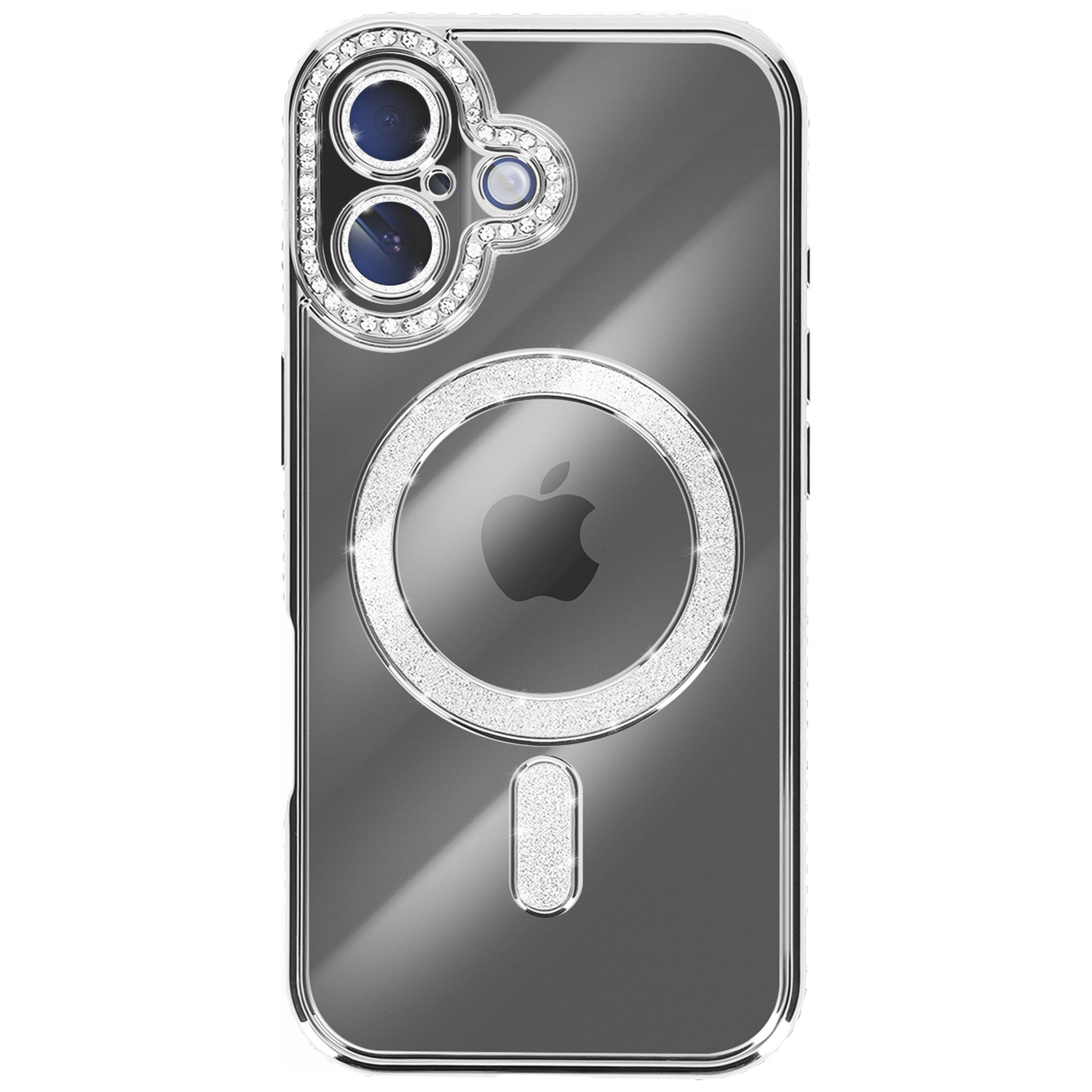 Coque de téléphone transparente avec accents scintillants autour de l'appareil photo et du logo Apple. Anneau magnétique et rayure.