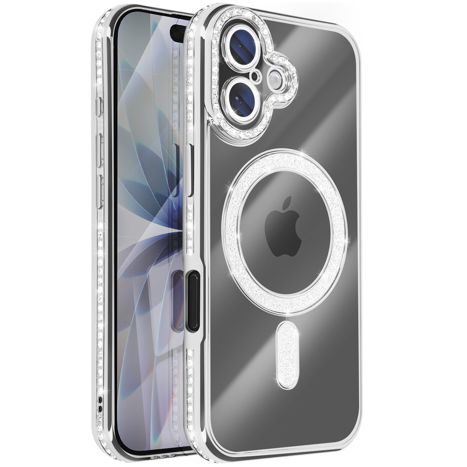 Coque iPhone transparente avec cristaux scintillants. Anneau caméra, cercle MagSafe et rectangle inférieur incrustés de cristaux.