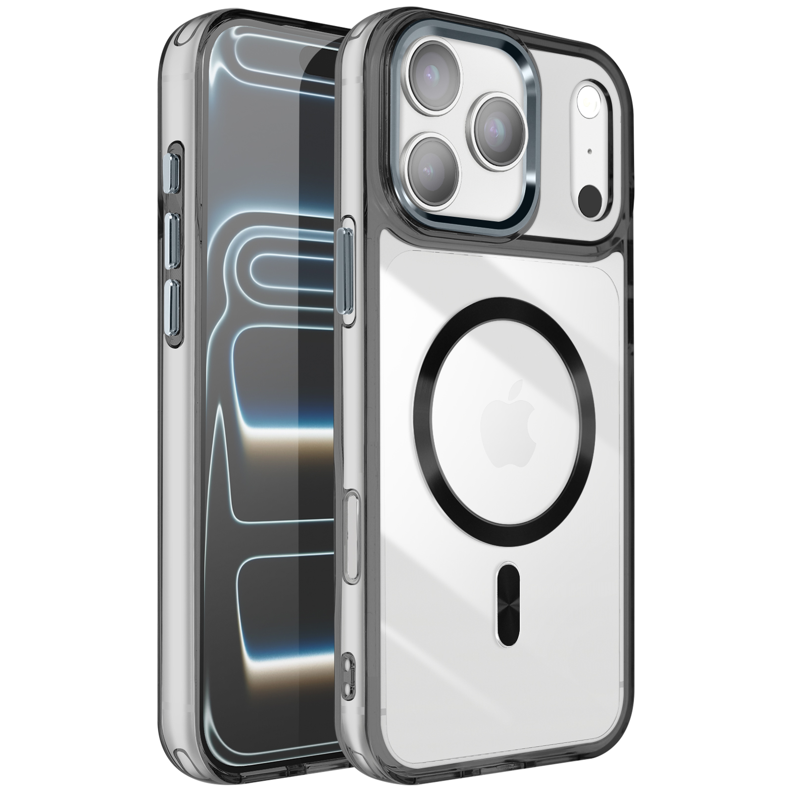 Coque transparente pour iPhone avec bord noir, montrant l'arrière et les boutons latéraux. Logo Apple visible.