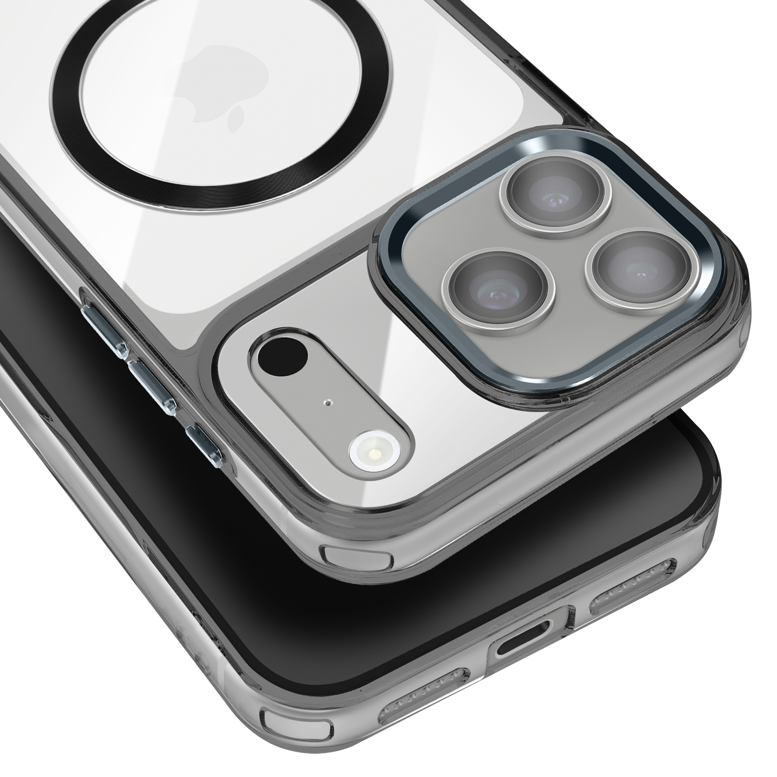 Gros plan d'une coque de téléphone transparente sur un téléphone. La coque a un anneau magnétique et des découpes pour l'appareil photo.