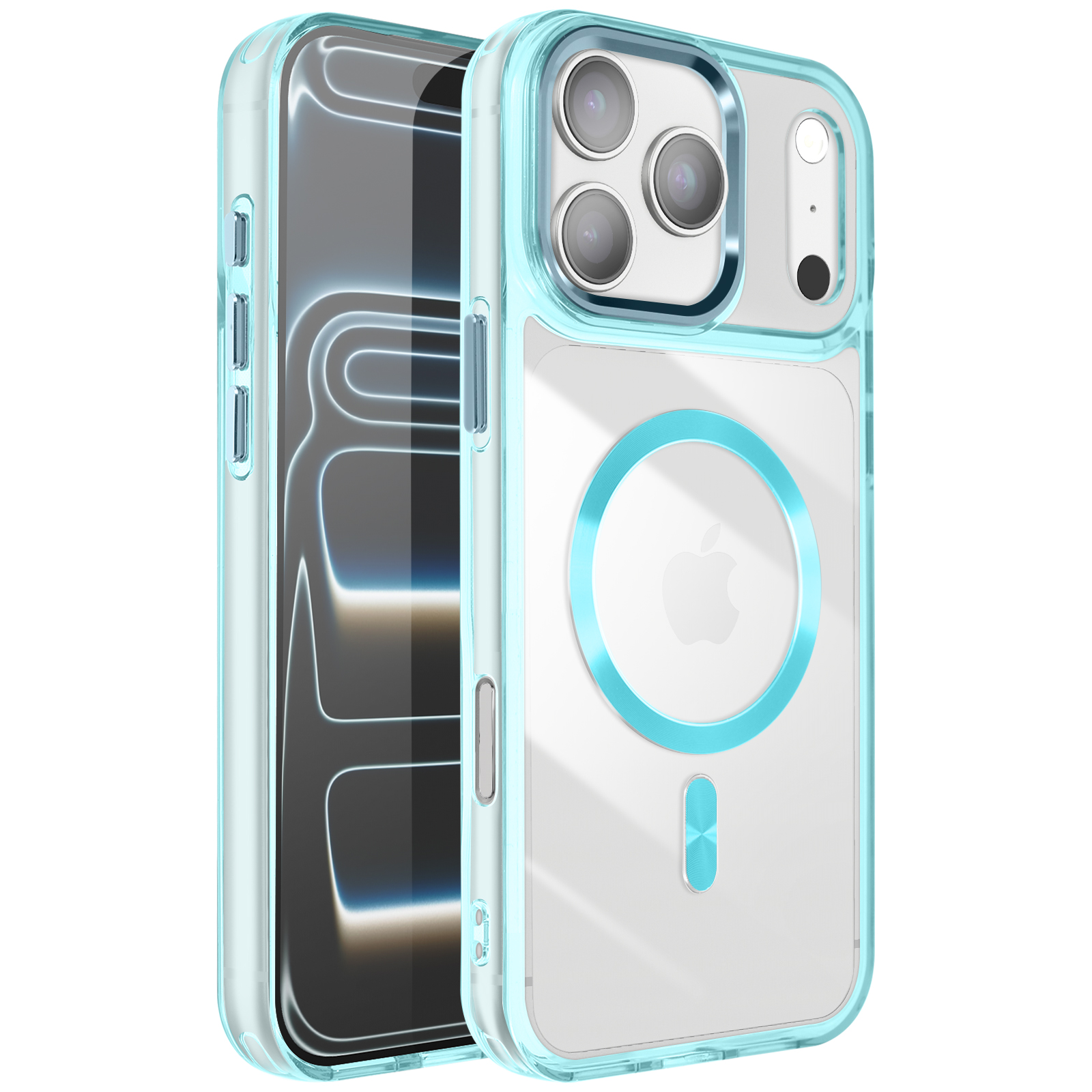 Coque de téléphone transparente avec bordure bleu clair et logo Apple. La coque entoure un téléphone.