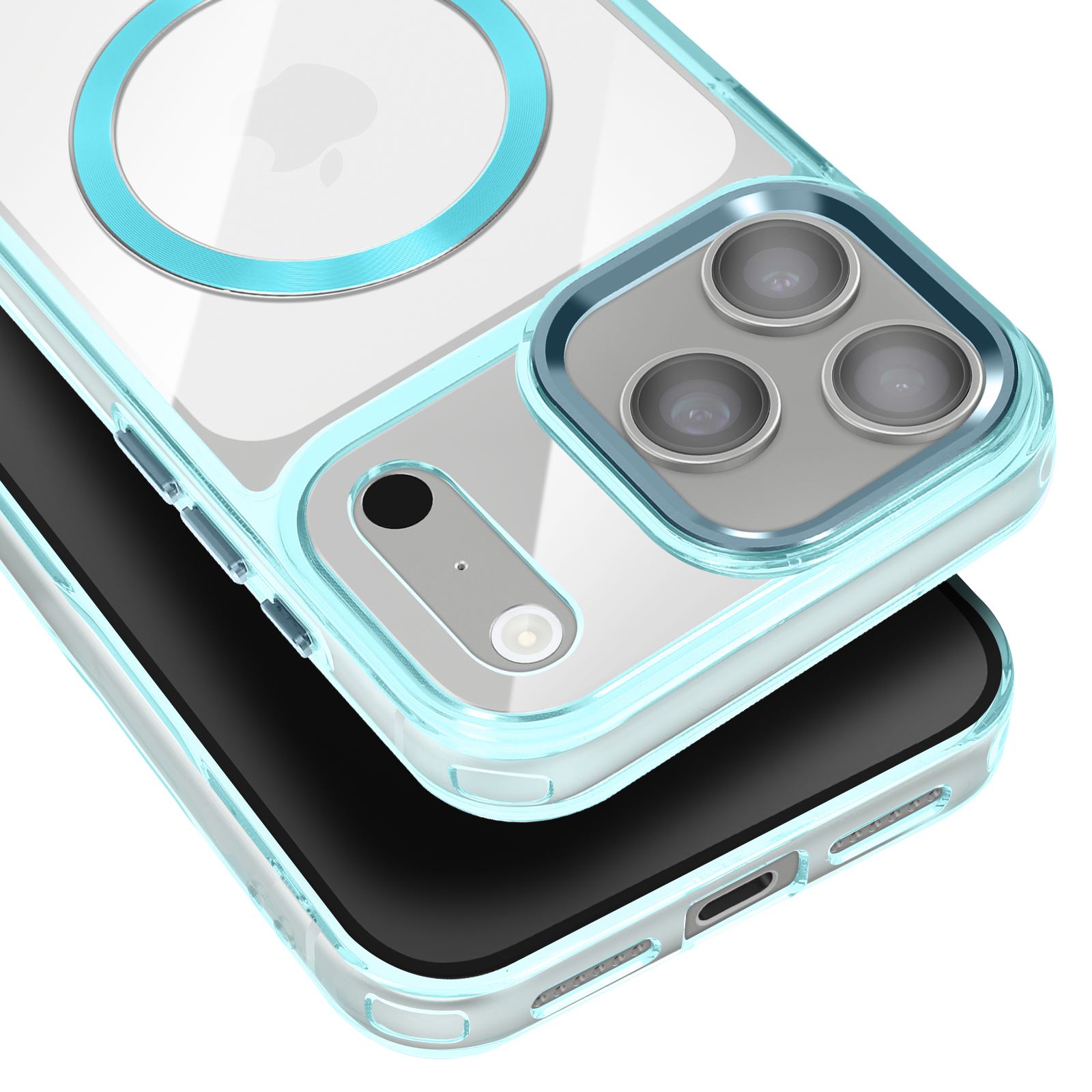 Gros plan d'une coque de téléphone avec trois objectifs. La coque est transparente avec un anneau et des accents bleus.