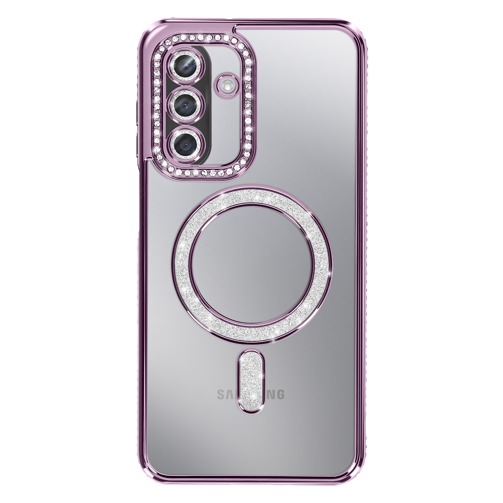 Une coque de téléphone avec un cadre violet et un dos transparent. Elle a des décorations circulaires et de caméra avec des pierres brillantes.