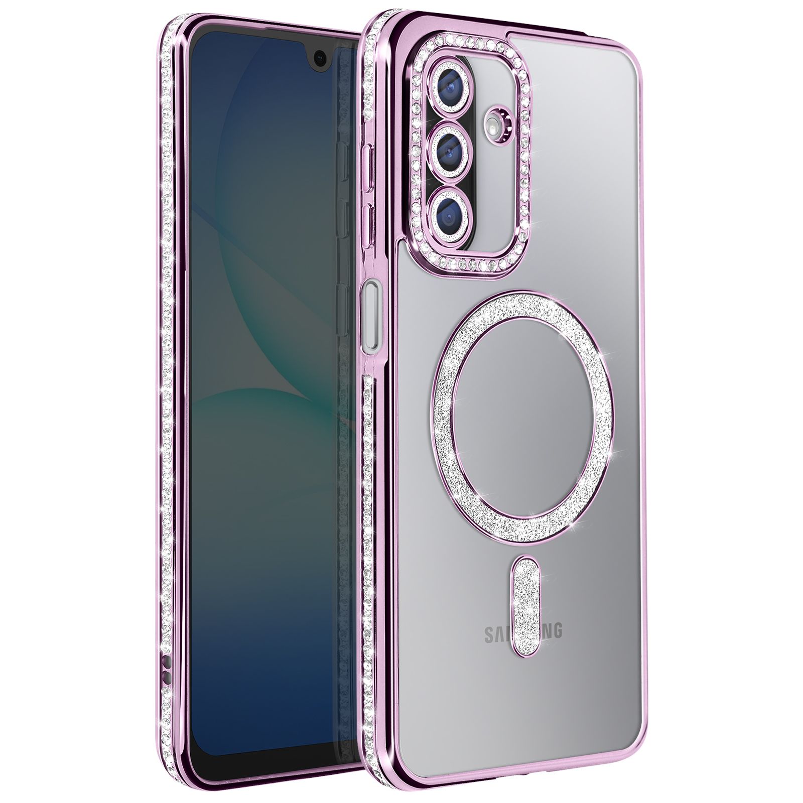 Un étui de téléphone rose avec des strass entoure un téléphone. L'étui est transparent avec un anneau de strass et un rectangle.