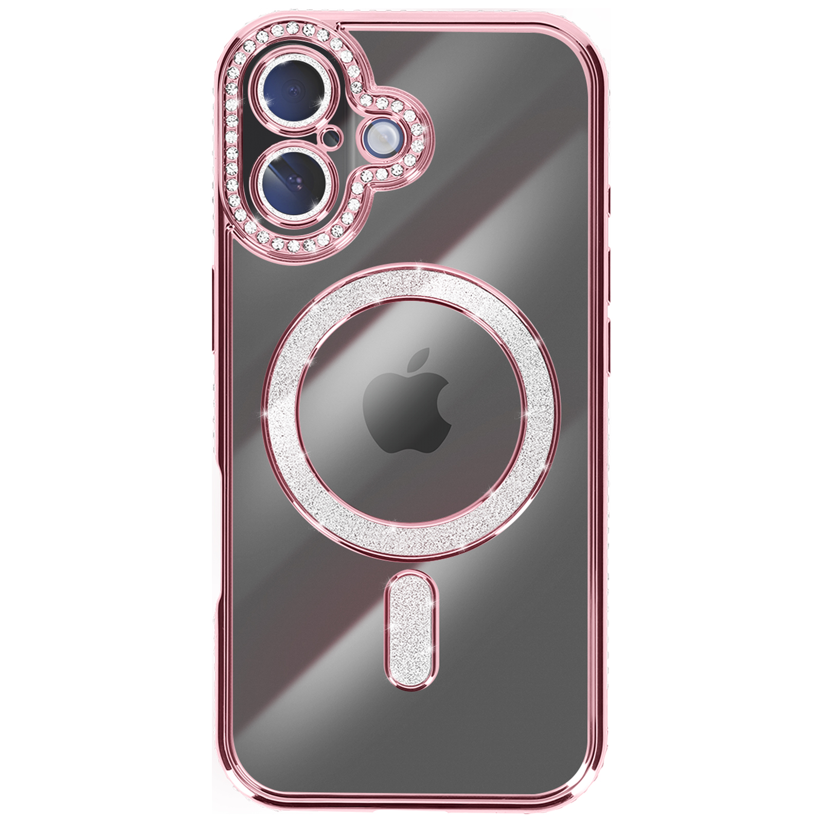 Une coque iPhone transparente avec un bord rose. Elle a un anneau de strass autour de la caméra et du logo Apple.