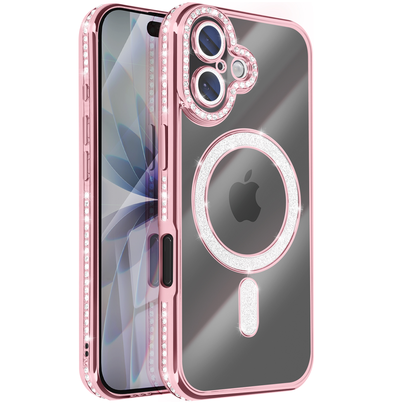 Un étui de téléphone or rose avec des strass. Il a un dos transparent avec un logo Apple et un anneau de caméra.