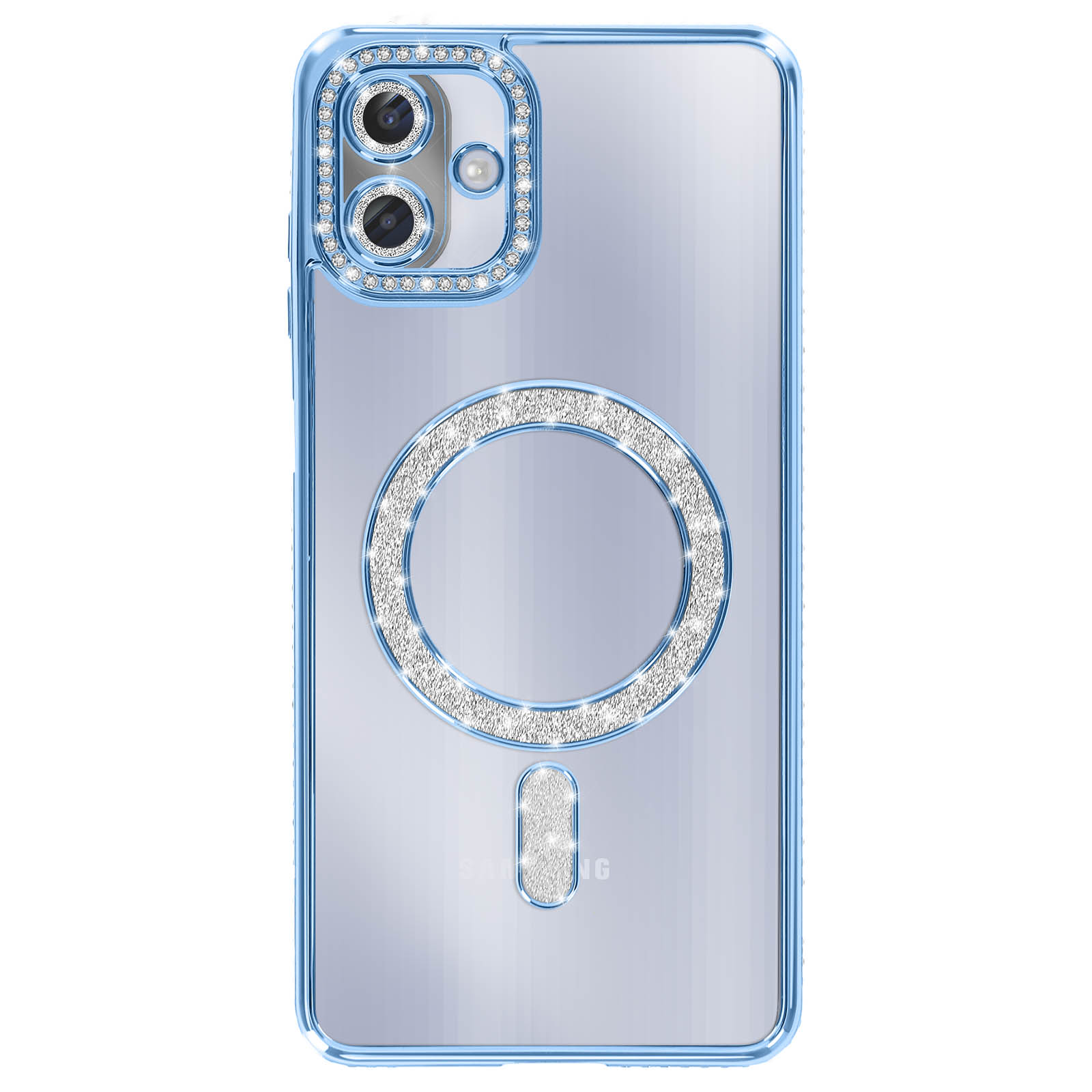 Custodia trasparente per telefono con bordi blu e inserti di gemme. Cerchio e zona fotocamera tempestati di gemme.