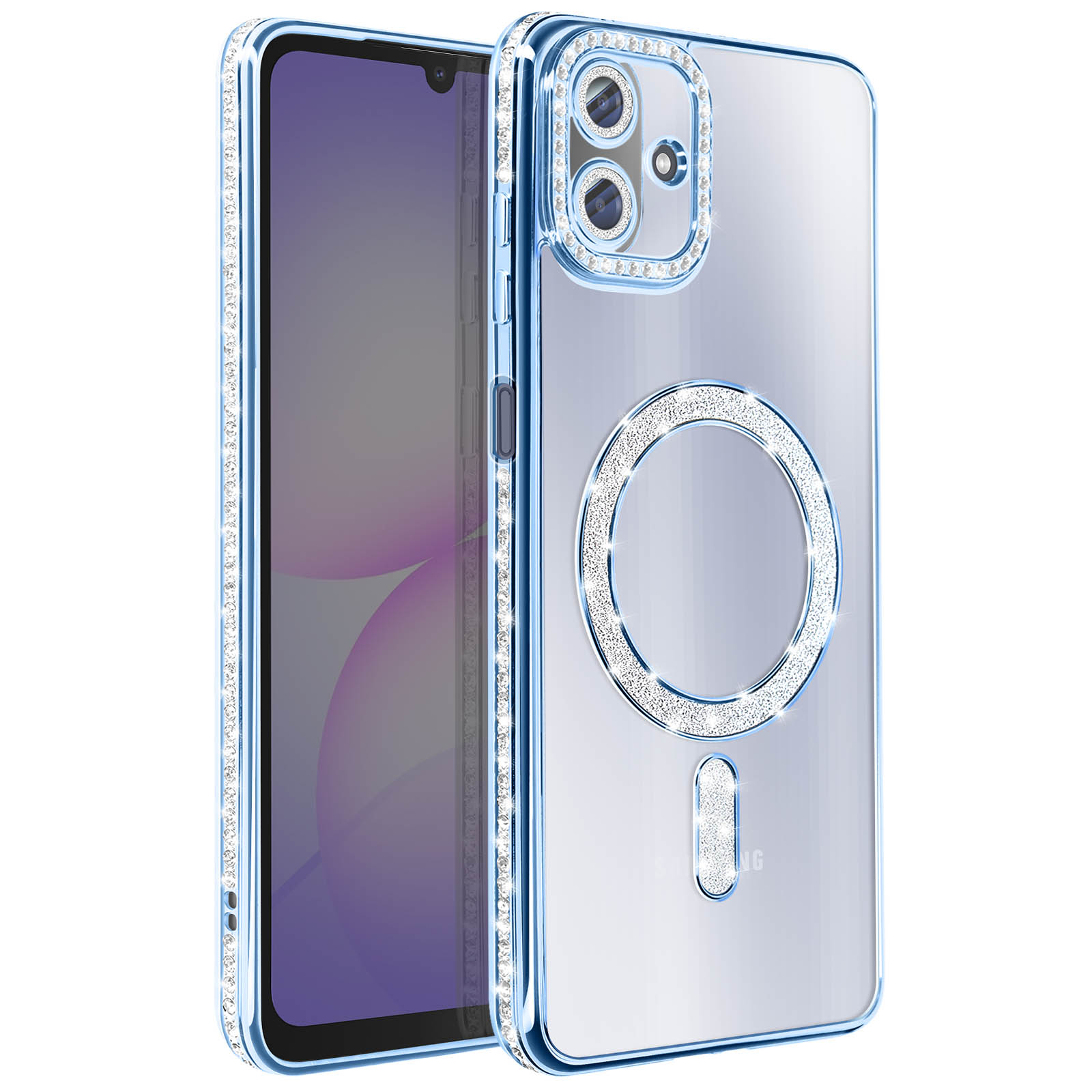 Un telefono in una custodia blu con strass. Il telefono è di fronte a un altro con schermo viola.