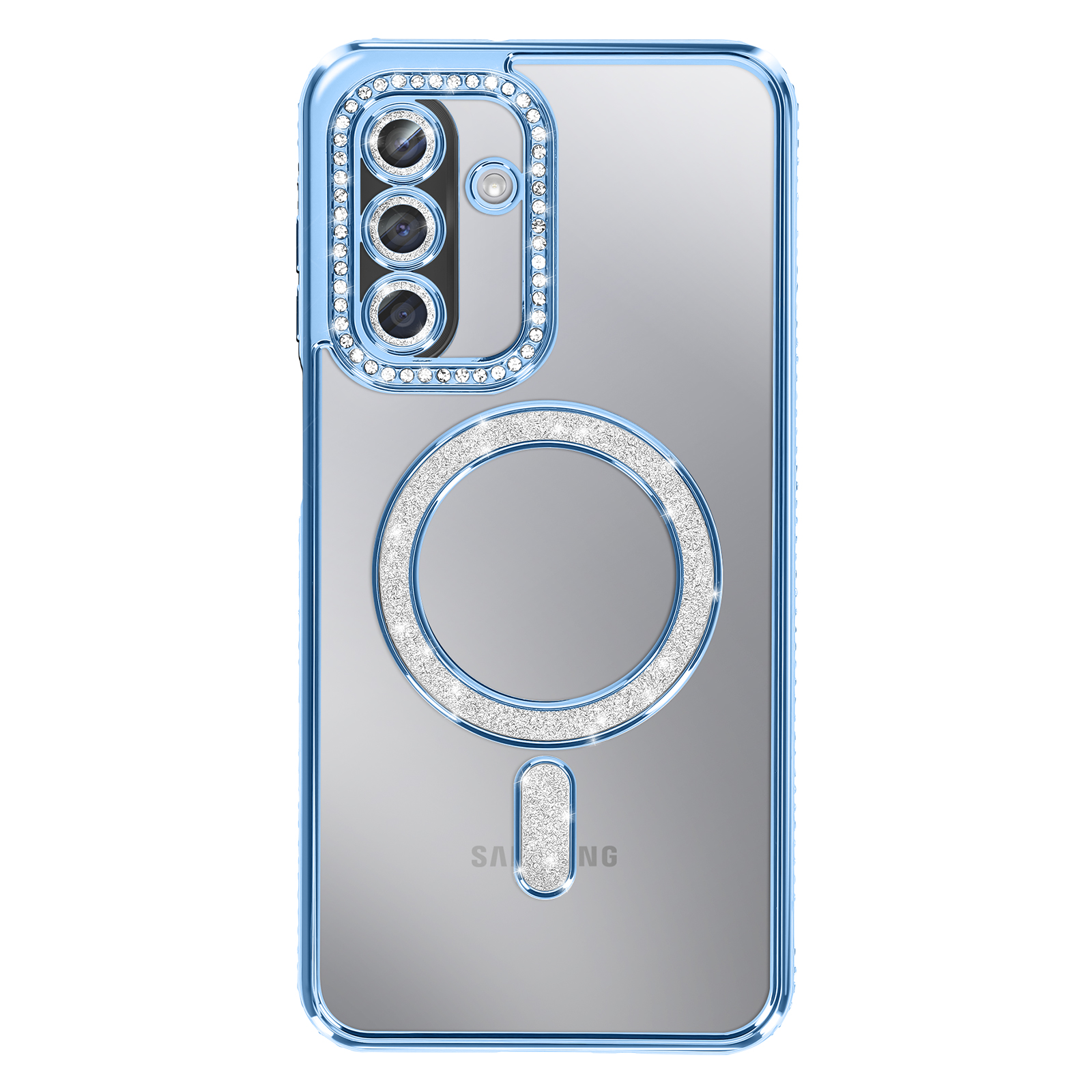 Une coque de téléphone avec un cadre bleu et un anneau de paillettes argentées, décoration de caméra et logo Samsung.
