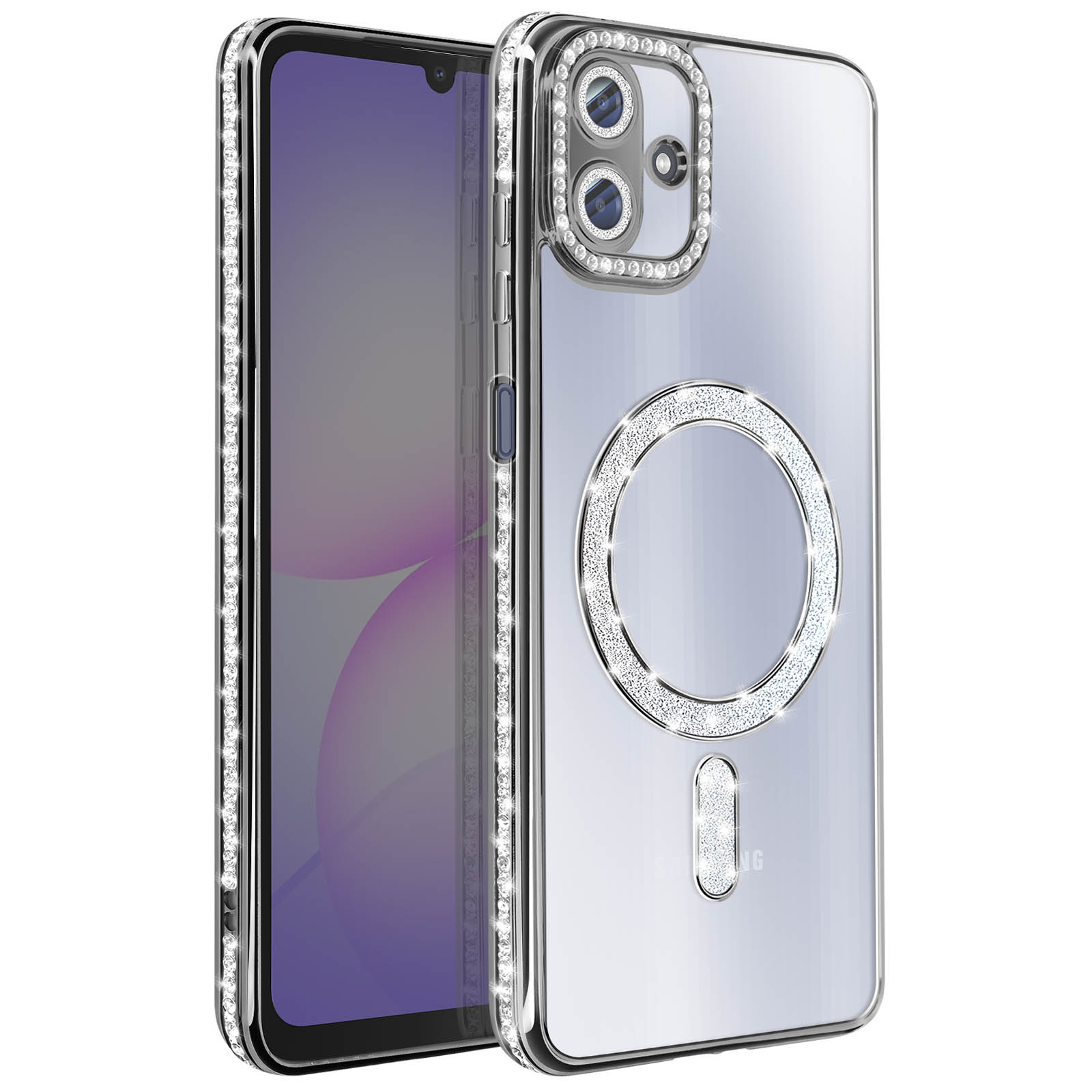 Una custodia trasparente per telefono con cornice argentata e strass scintillanti. Presenta un anello per fotocamera, un supporto ad anello e un piccolo rettangolo di strass.