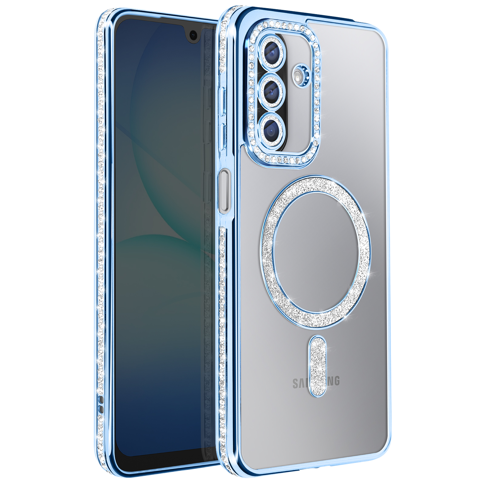 Une coque de téléphone avec une bordure bleue et des bijoux incrustés. Elle a un dos transparent et un design autour de la caméra et de la zone de chargement sans fil.